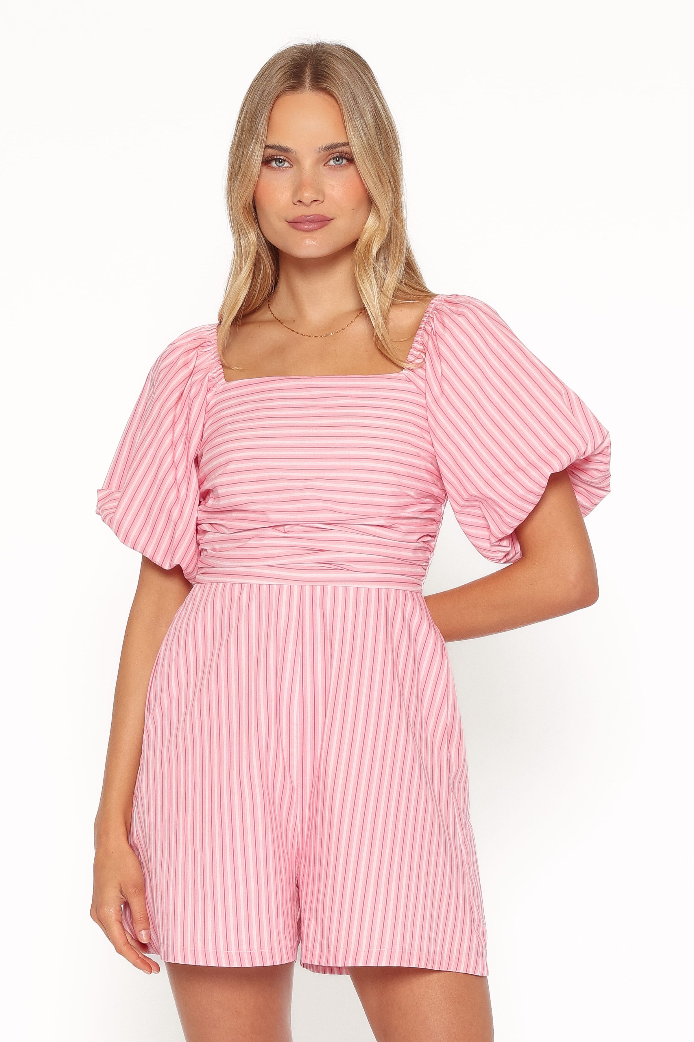 PLAYSUITS Clo Puff Sleeve Romper - Pink Stripe