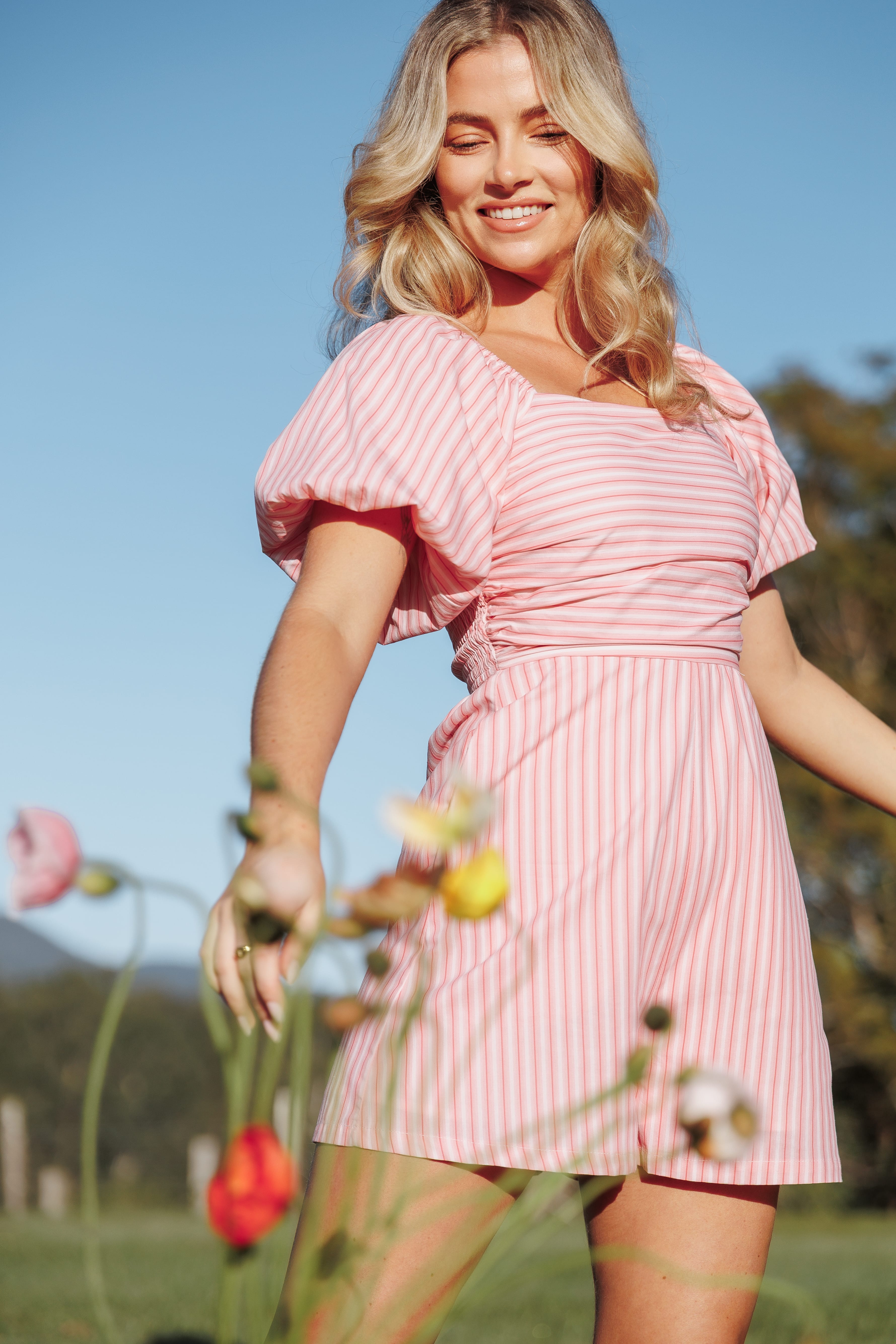 PLAYSUITS Clo Puff Sleeve Romper - Pink Stripe