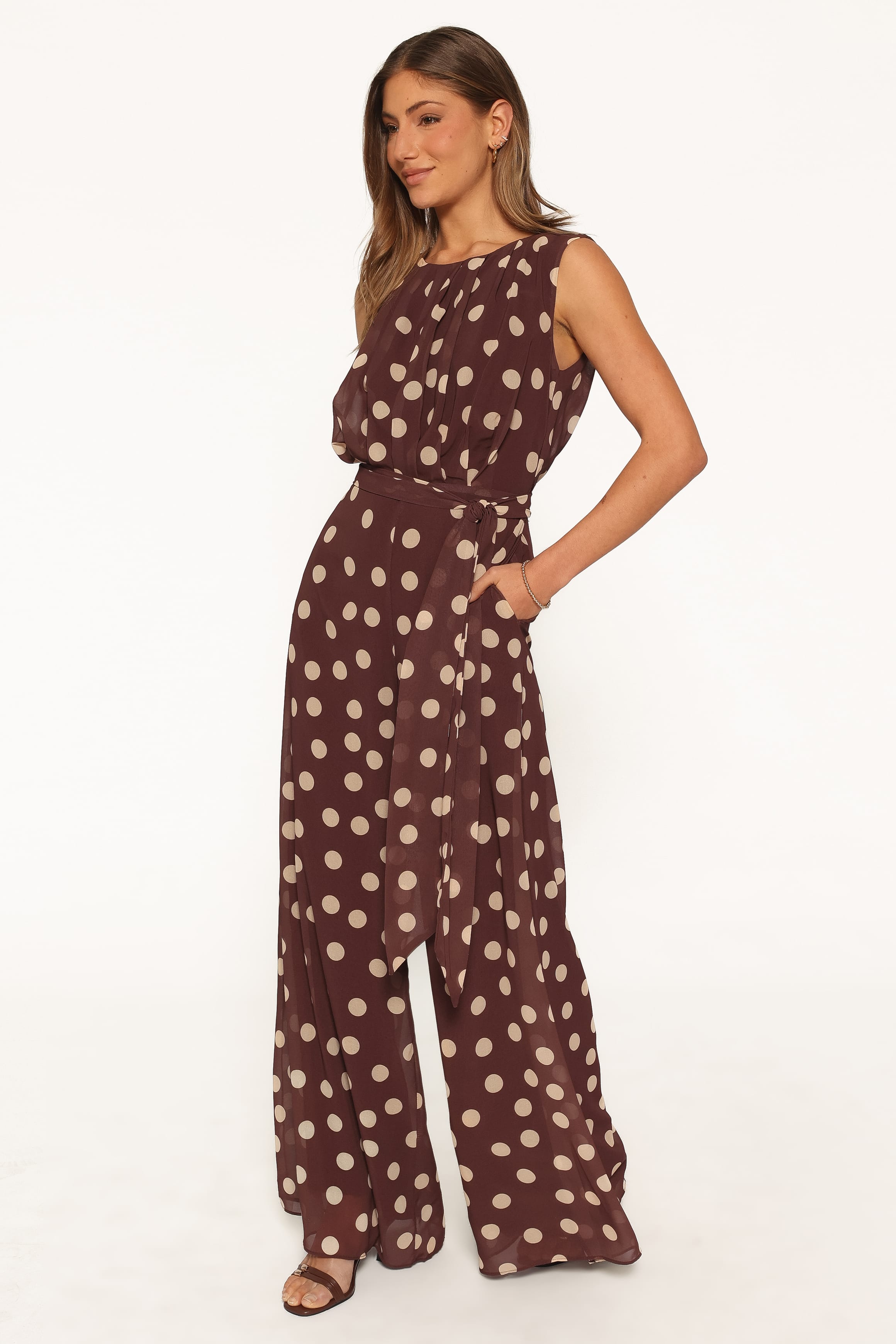 PLAYSUITS Collene Tie Waist Jumpsuit - Brown Polka Dot
