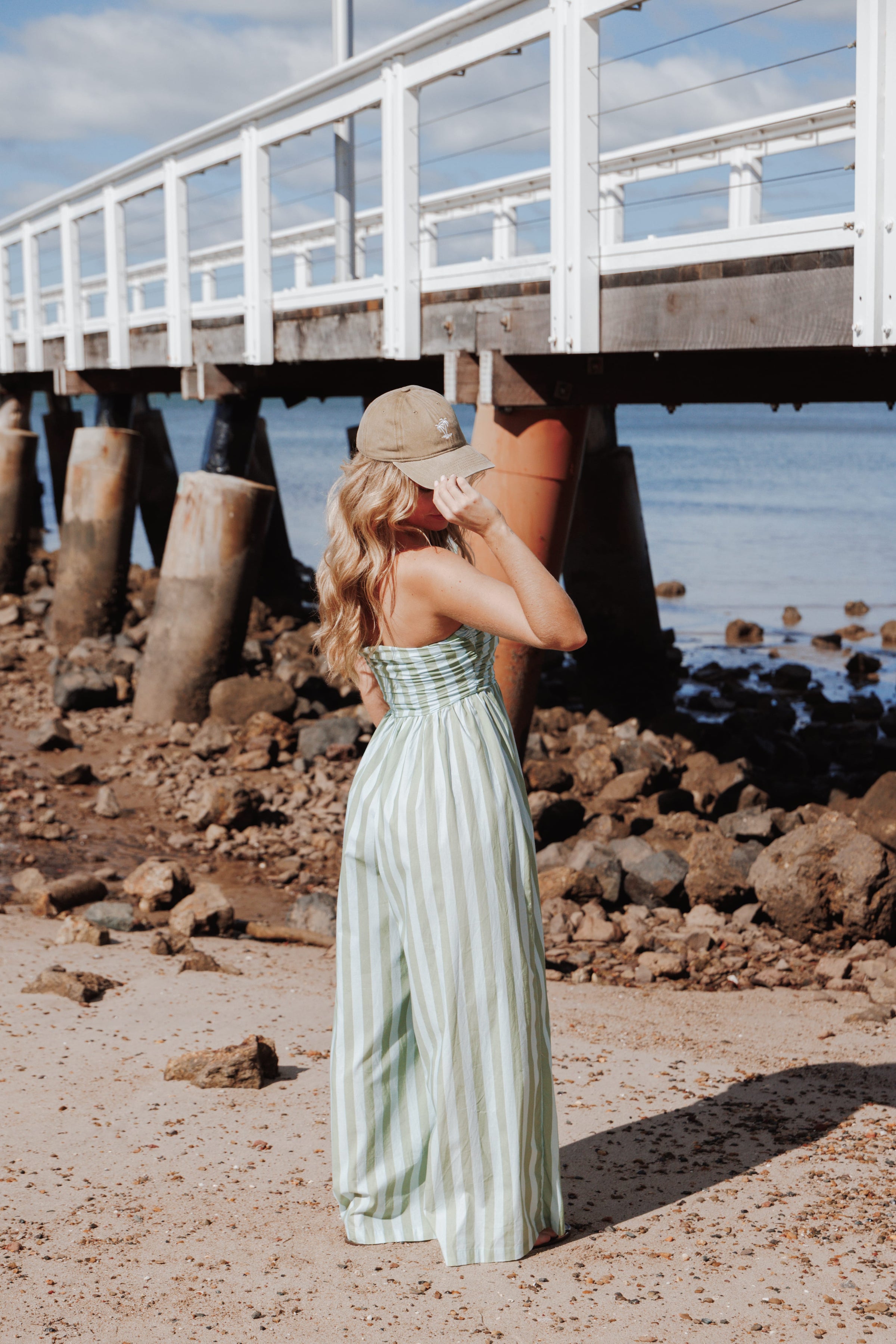 PLAYSUITS Paige Strapless Jumpsuit - Blue/Green Stripe