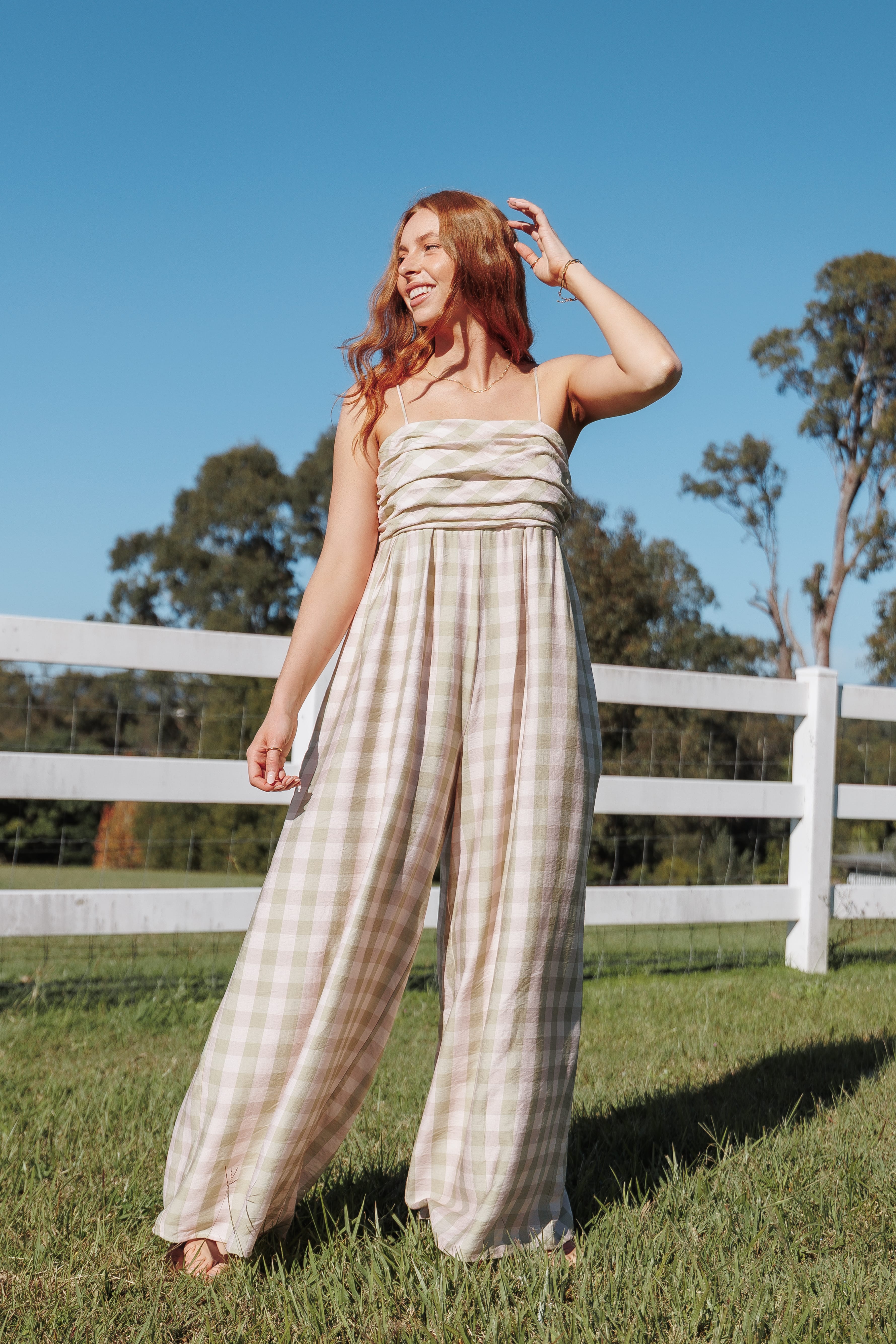 Pricilla Jumpsuit - Green/Pink Gingham | Petal & Pup USA