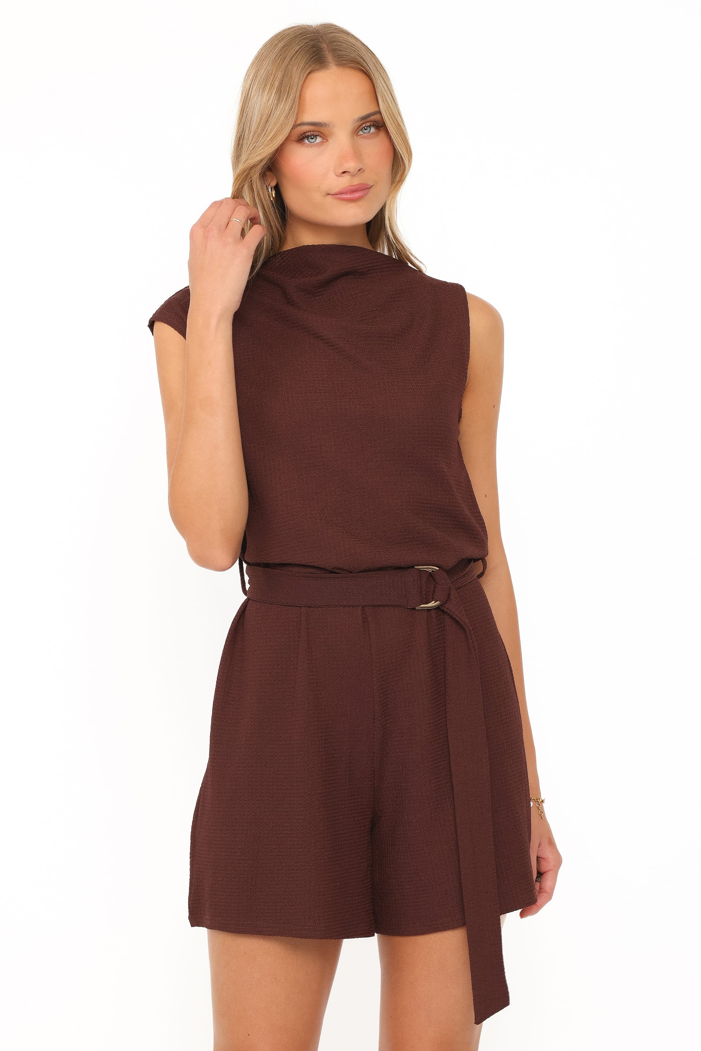 PLAYSUITS Zaia Belted Knit Romper - Chocolate Brown