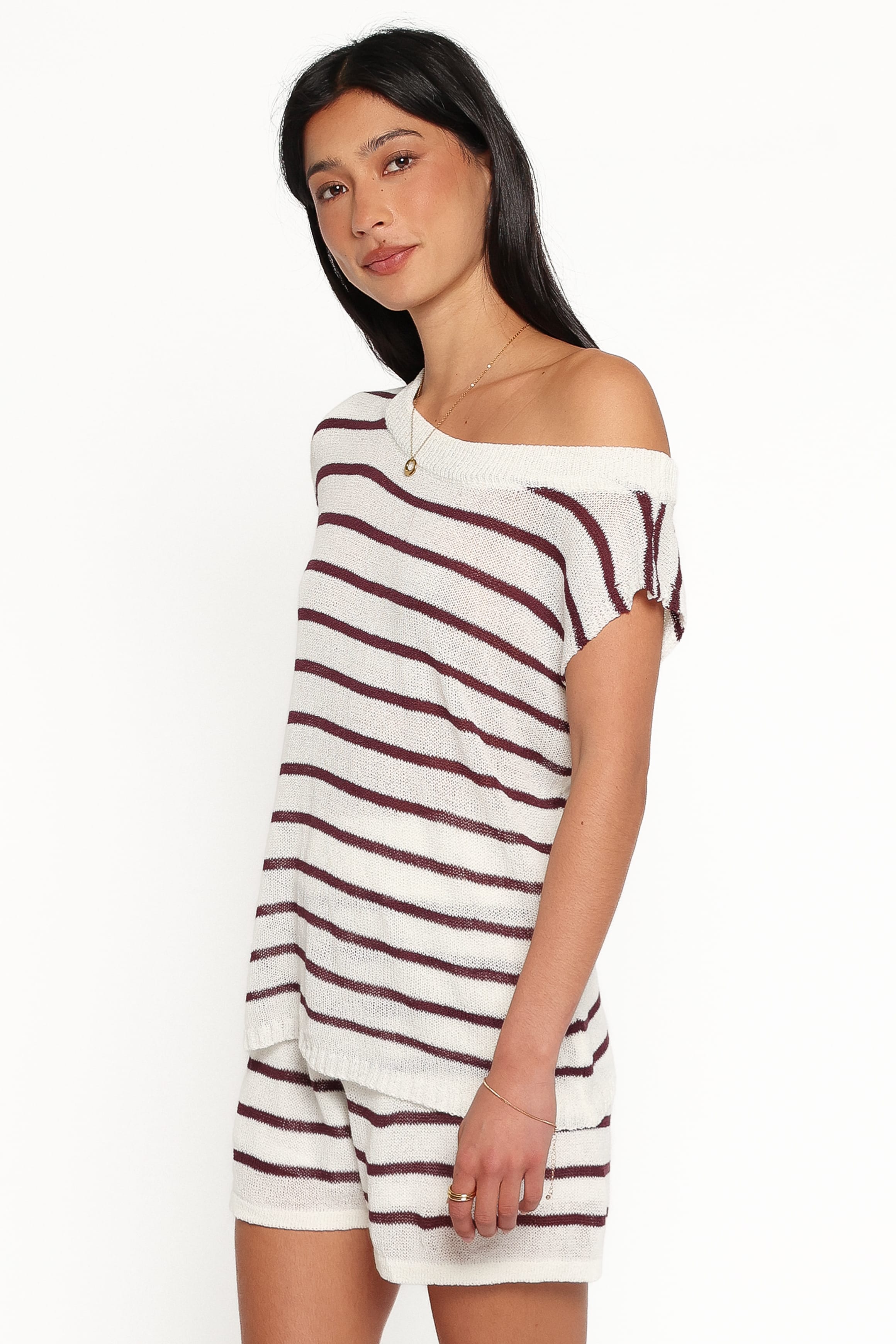 SETS Janie Knitted Short Set - White Plum Stripe