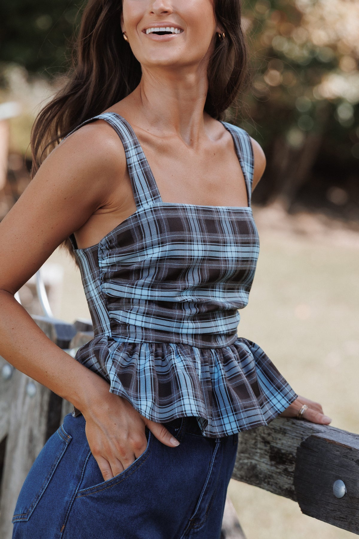 TOPS Alana Peplum Top - Choc Blue Plaid