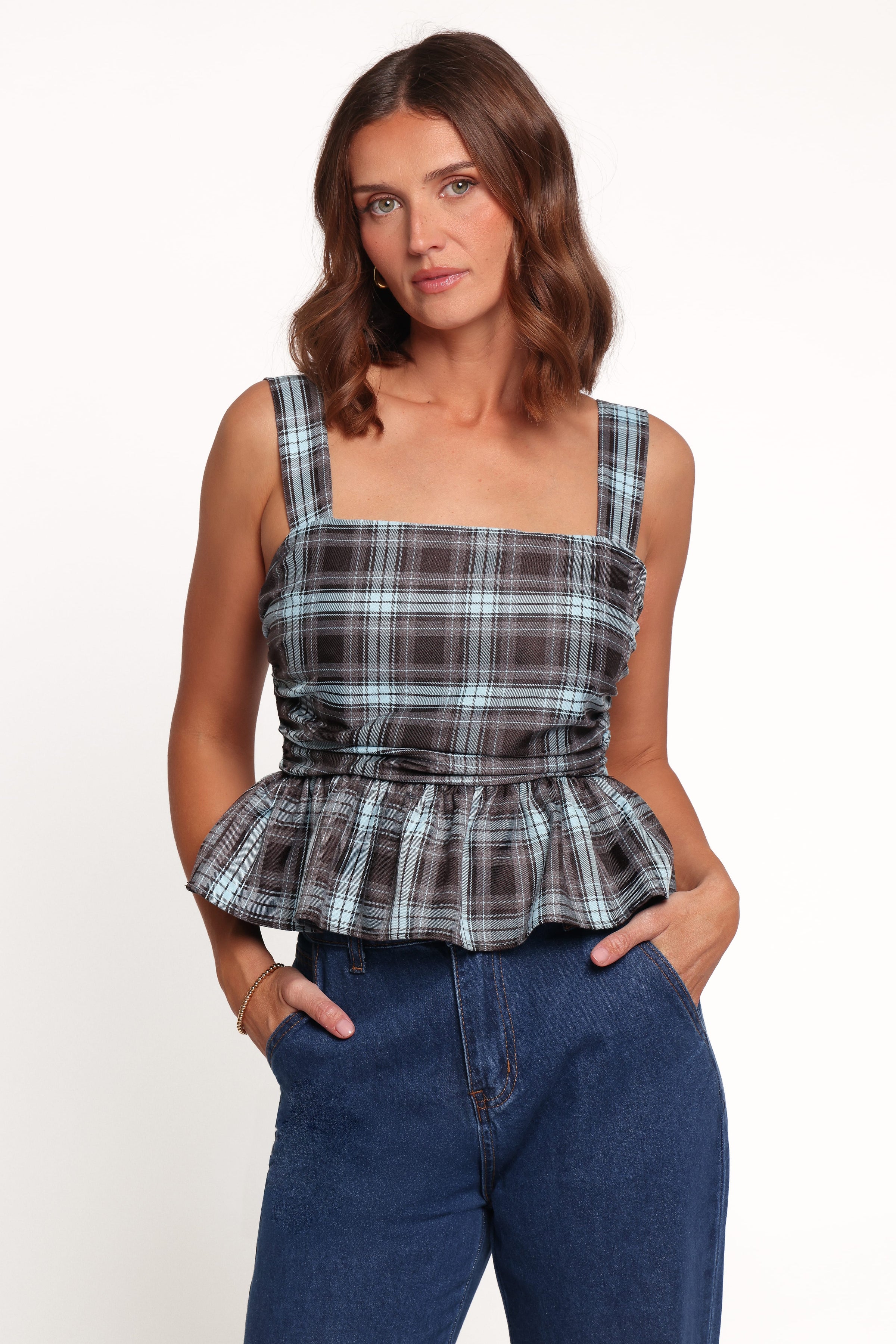 TOPS Alana Peplum Top - Choc Blue Plaid