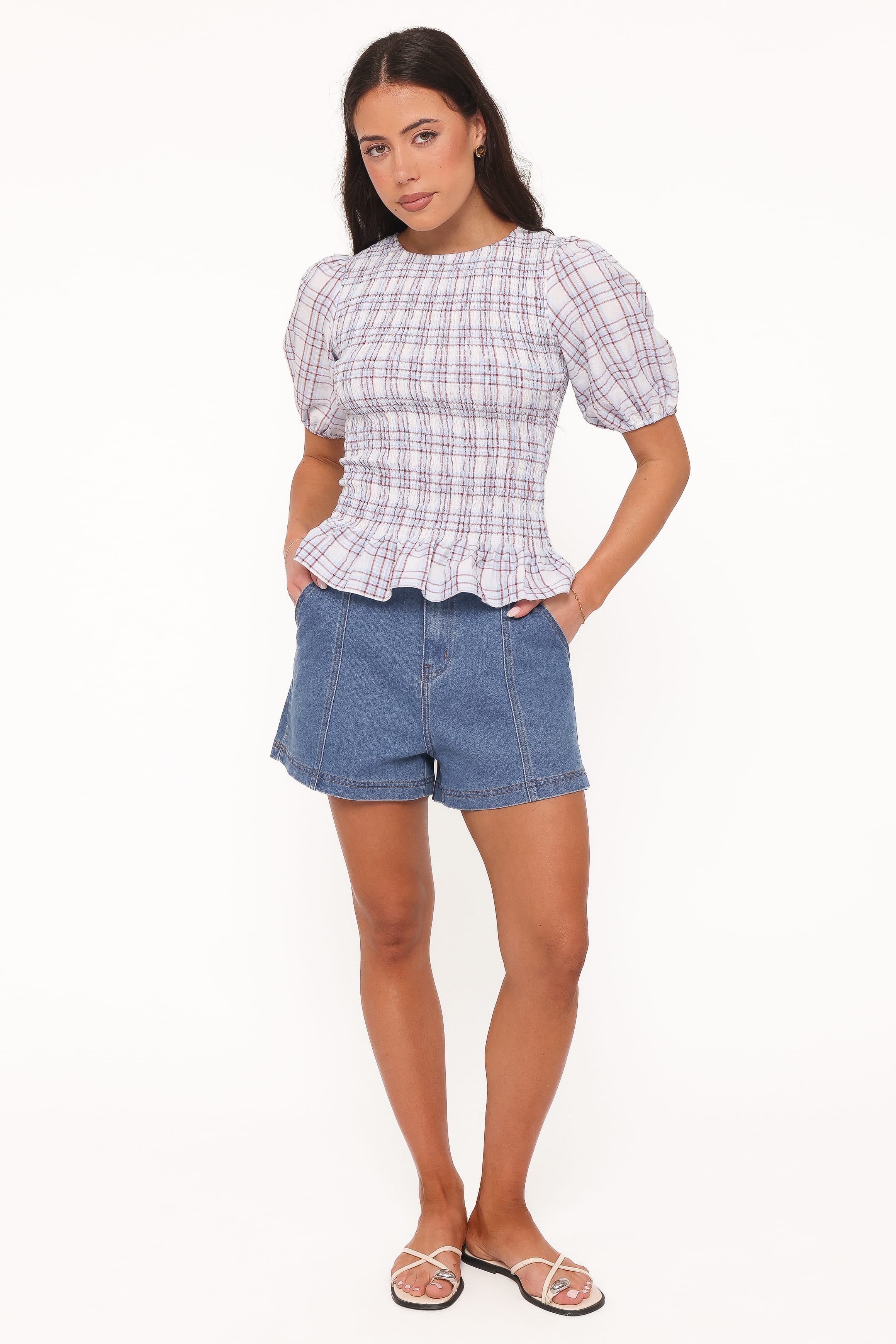 TOPS Callista Shirred Waist Top - Light Blue Plaid
