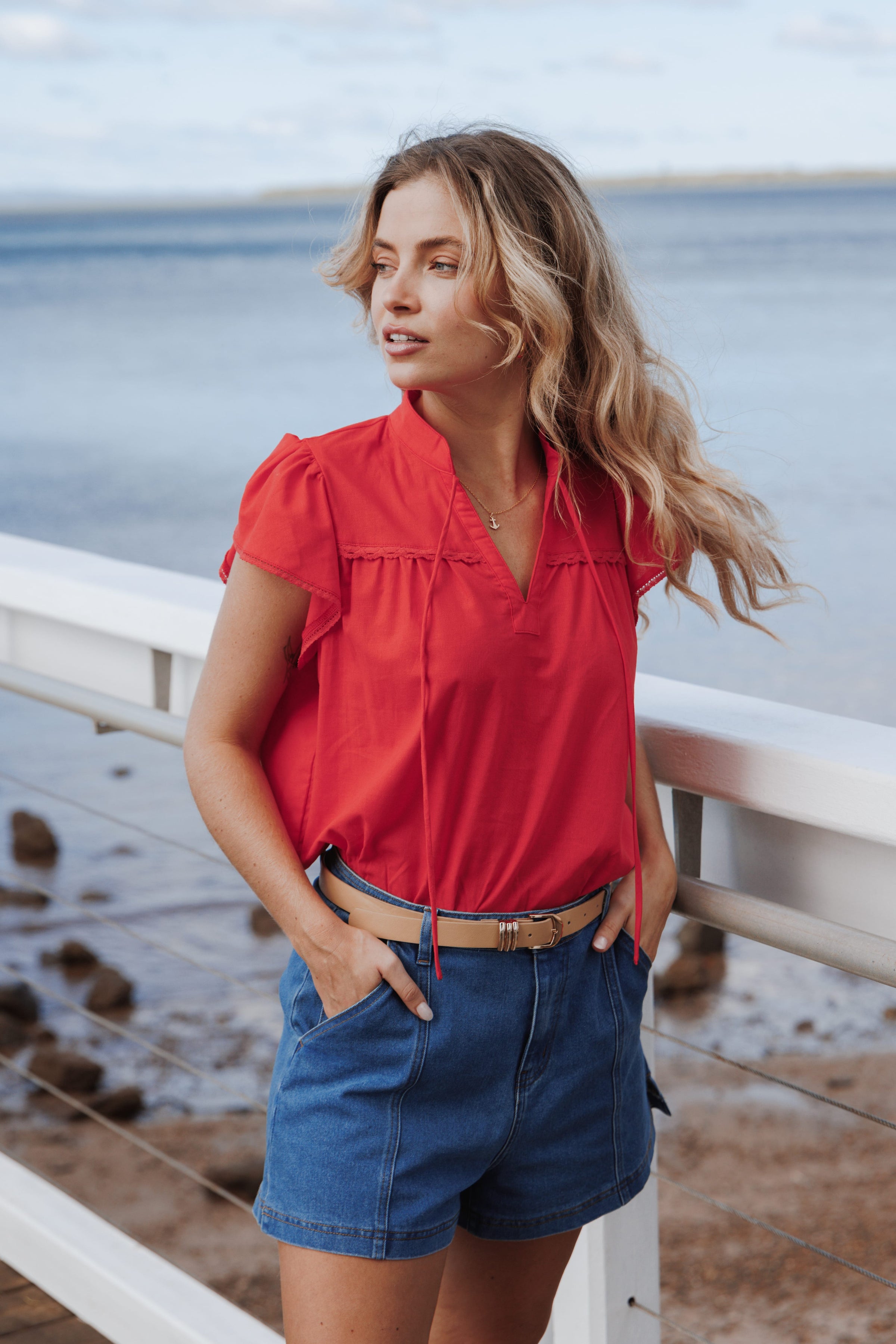 TOPS Kylie Flutter Sleeve Top - Red