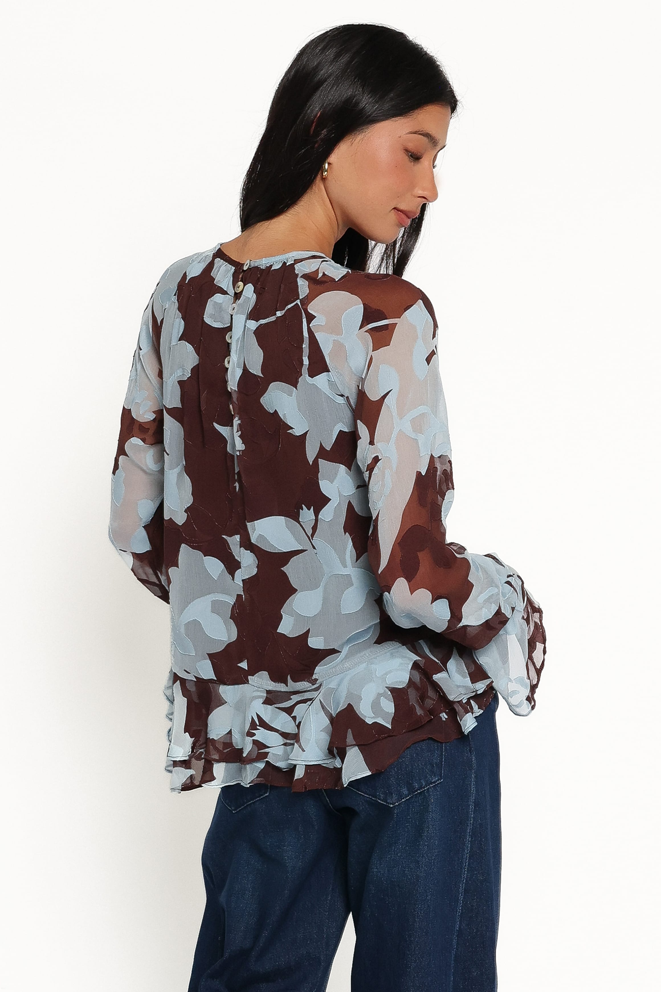 TOPS Larson Ruffle Hem Top - Blue Floral Burnout