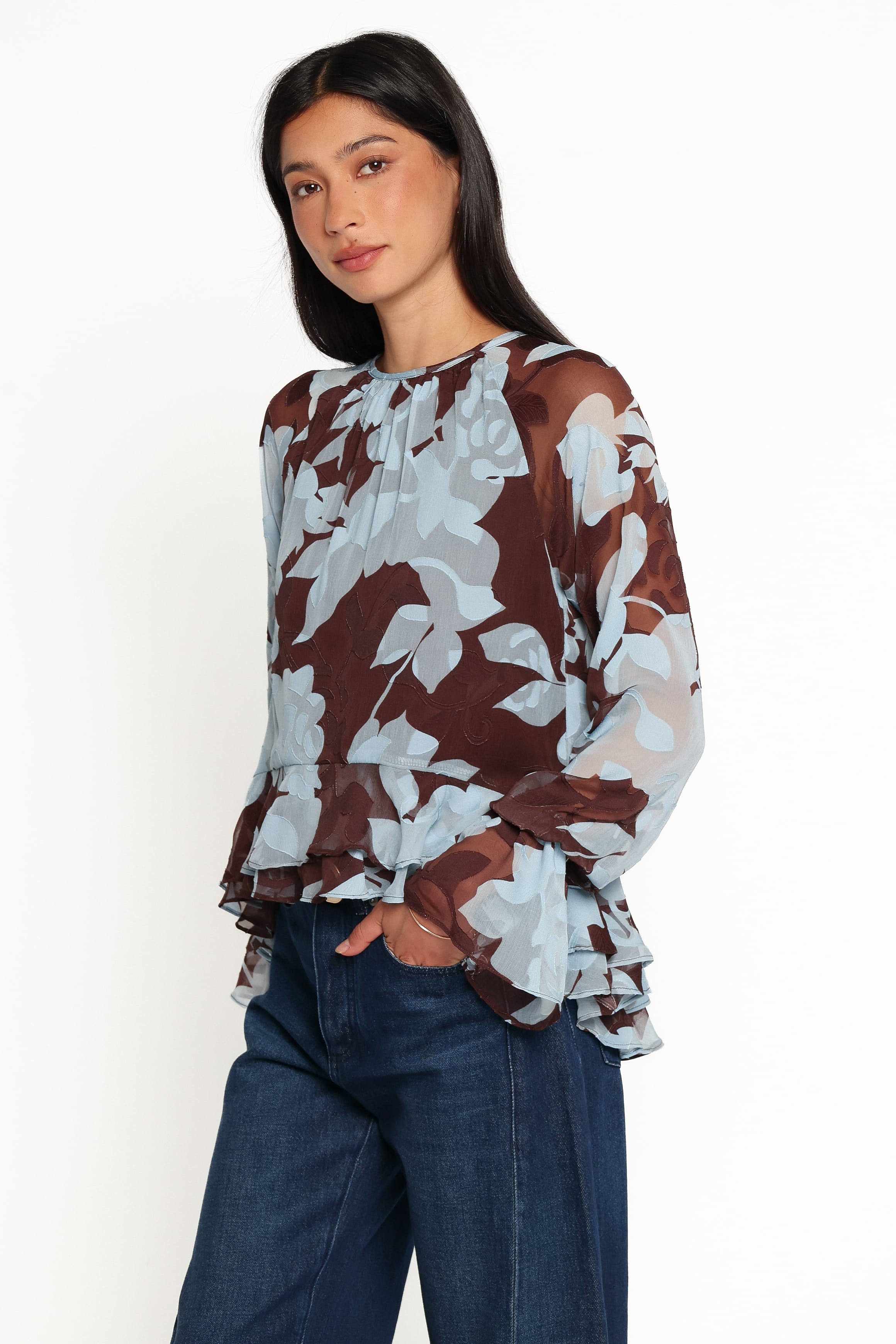 TOPS Larson Ruffle Hem Top - Blue Floral Burnout