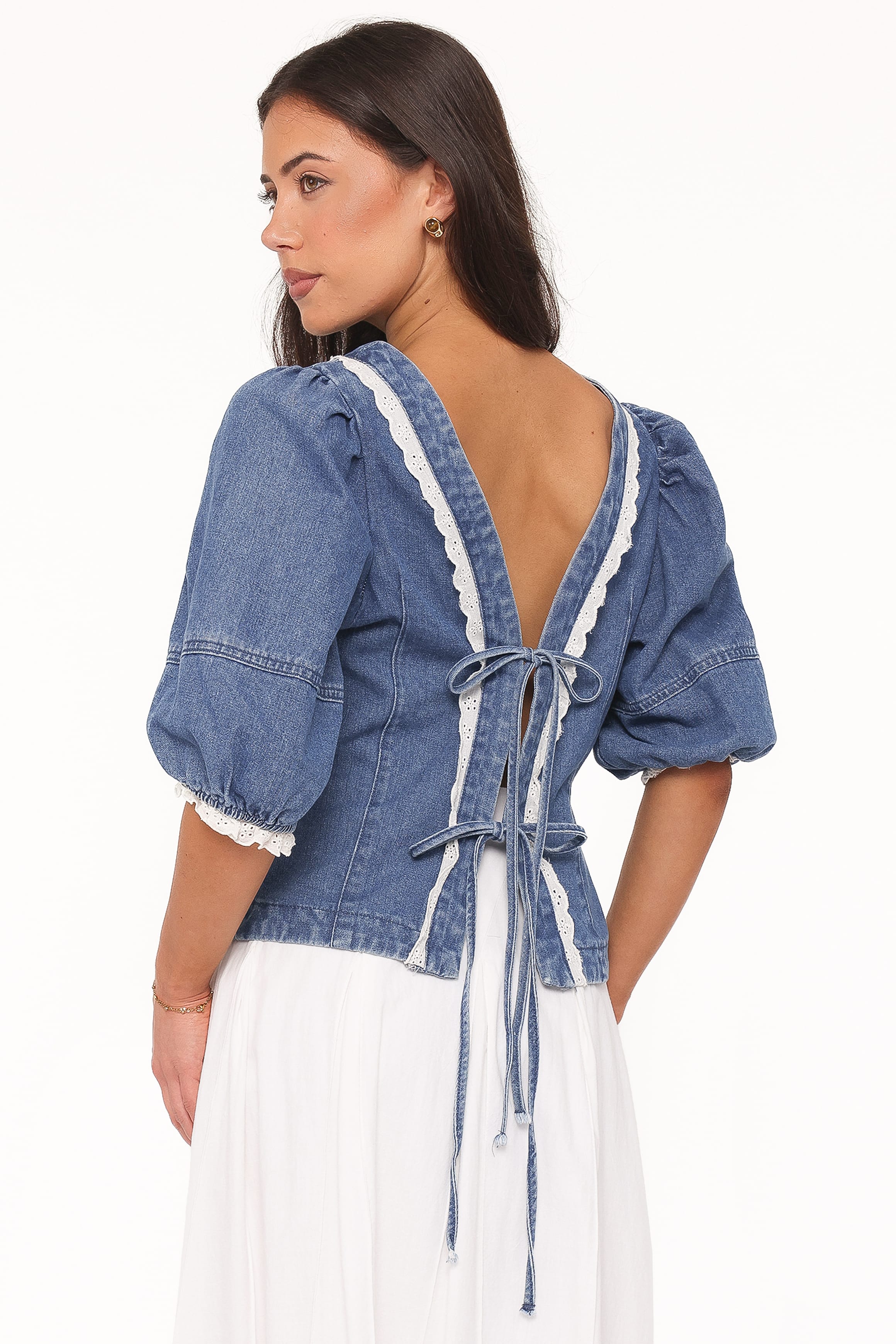 TOPS Merli Denim Open Back Top - Blue Medium Wash
