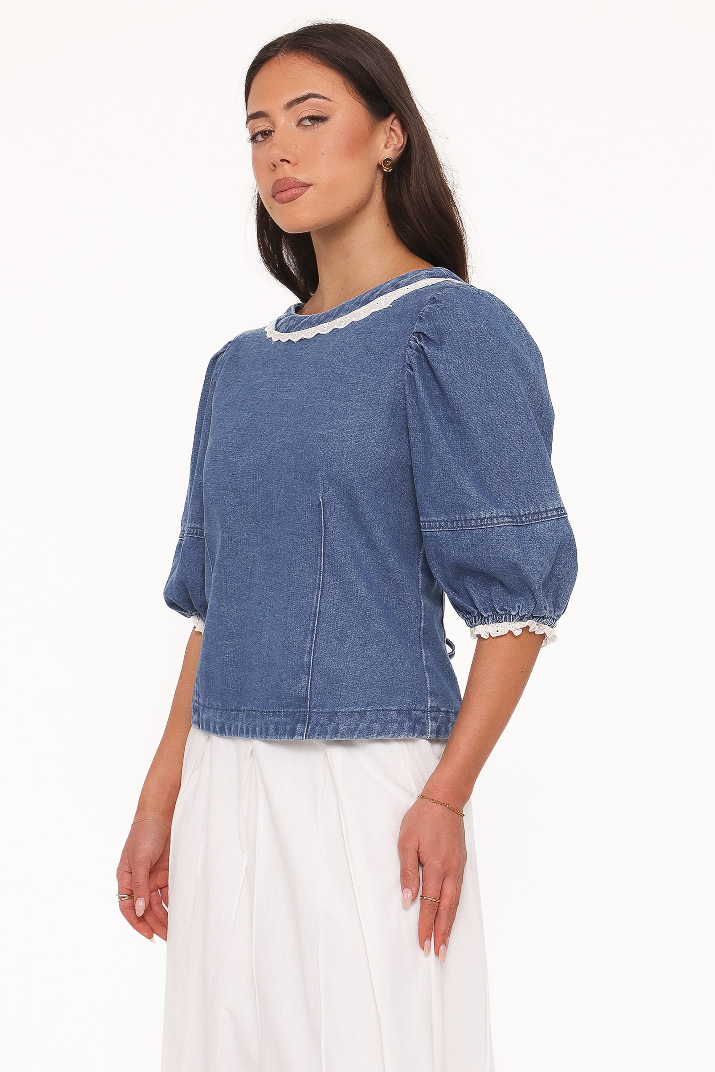TOPS Merli Denim Open Back Top - Blue Medium Wash