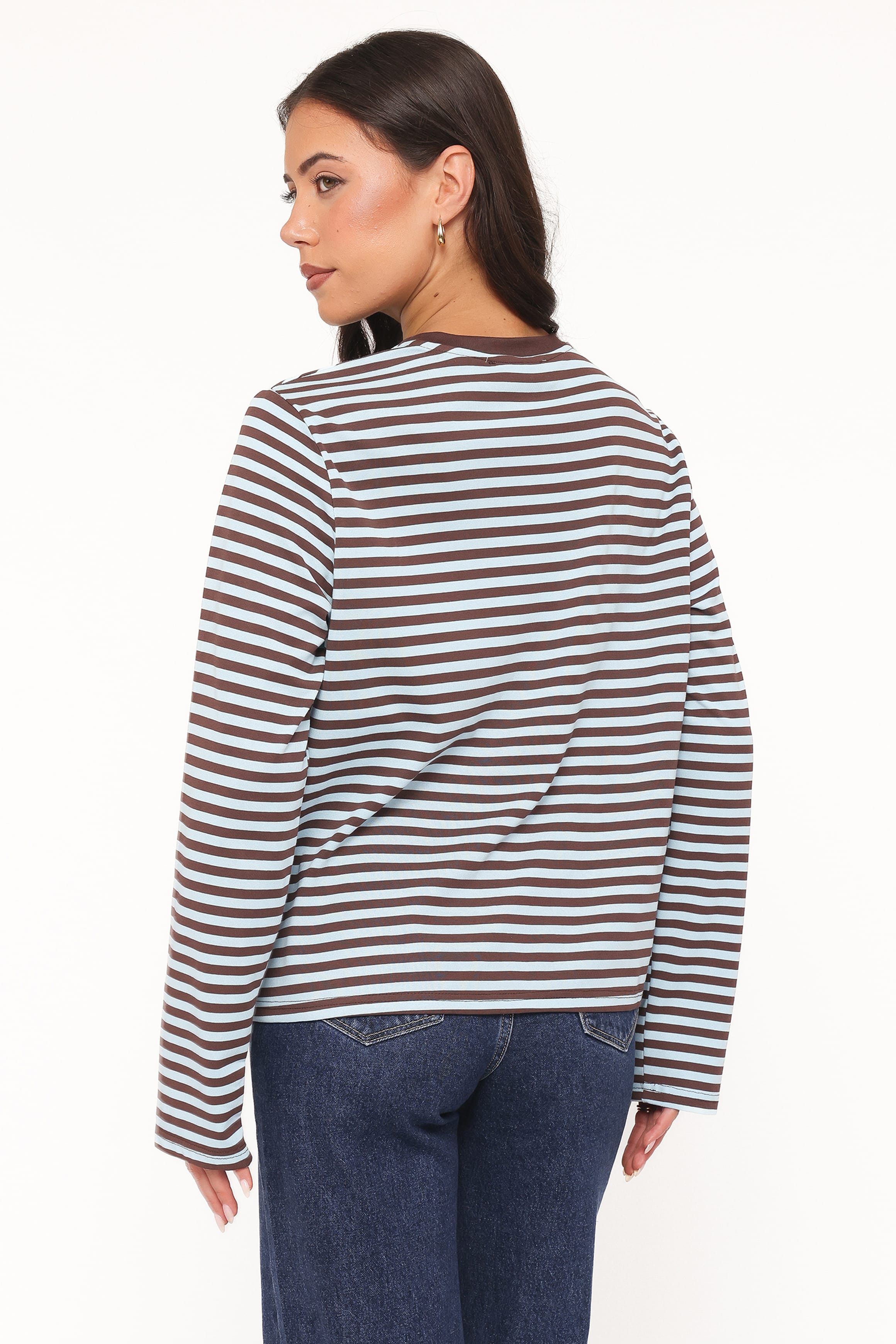TOPS Ruva Long Sleeve Tee - Brown Blue Stripe
