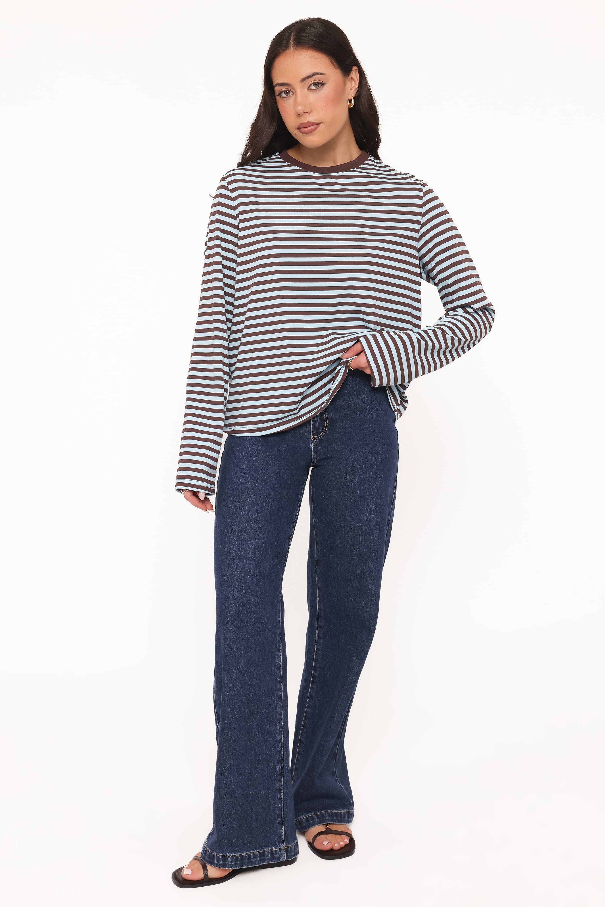 TOPS Ruva Long Sleeve Tee - Brown Blue Stripe