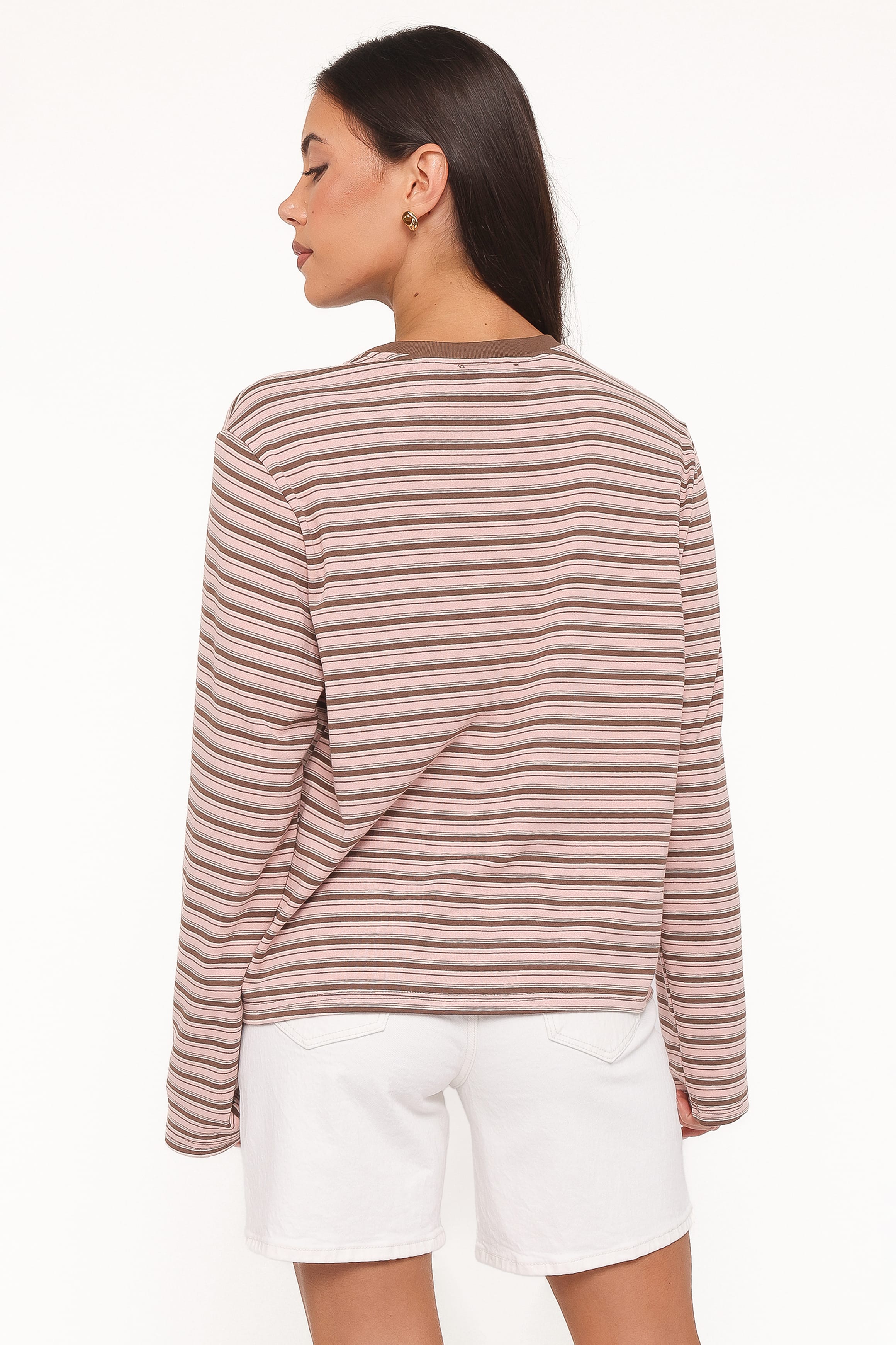 TOPS Ruva Long Sleeve Tee - Chocolate Pink Stripe