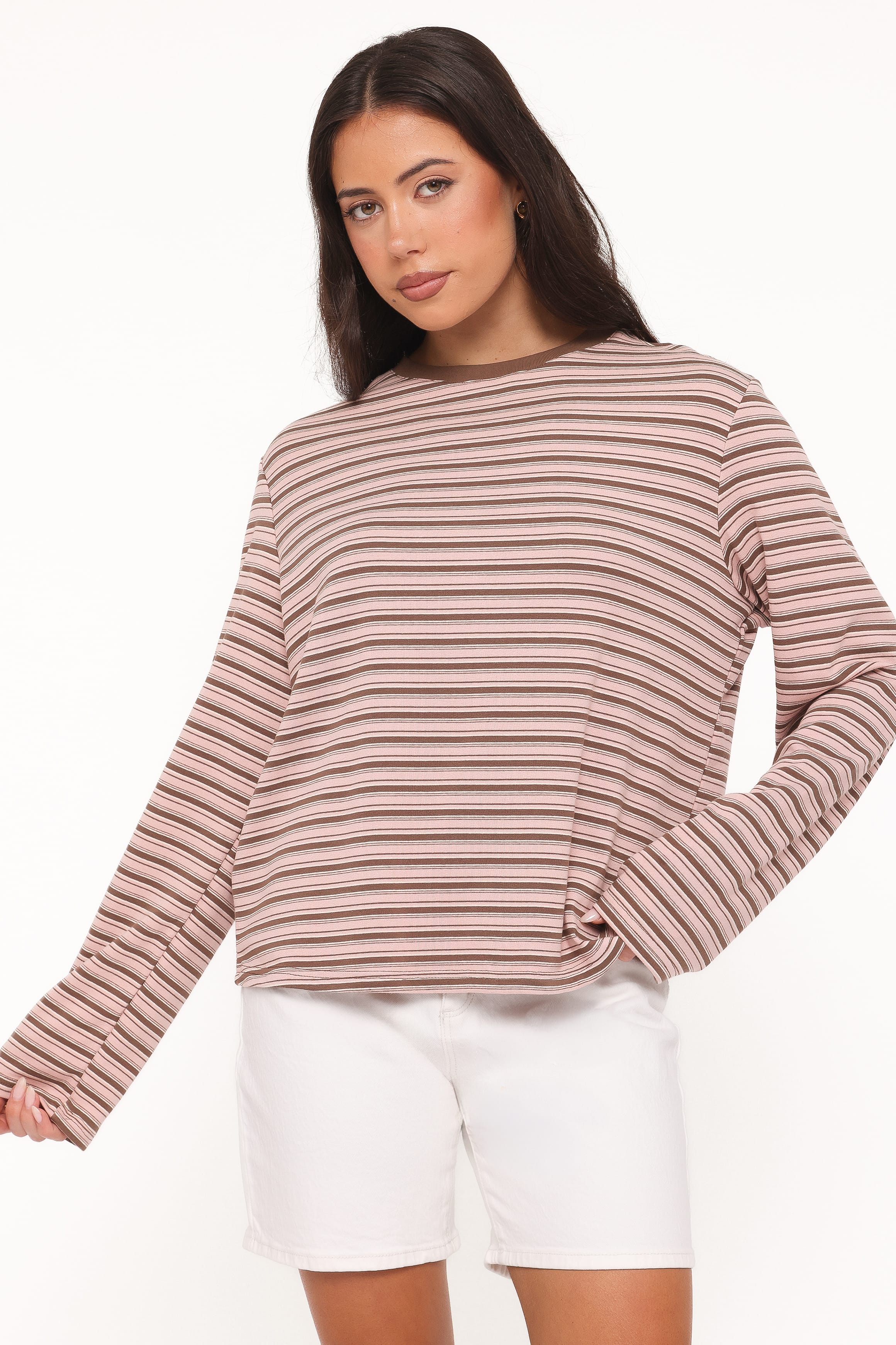 TOPS Ruva Long Sleeve Tee - Chocolate Pink Stripe