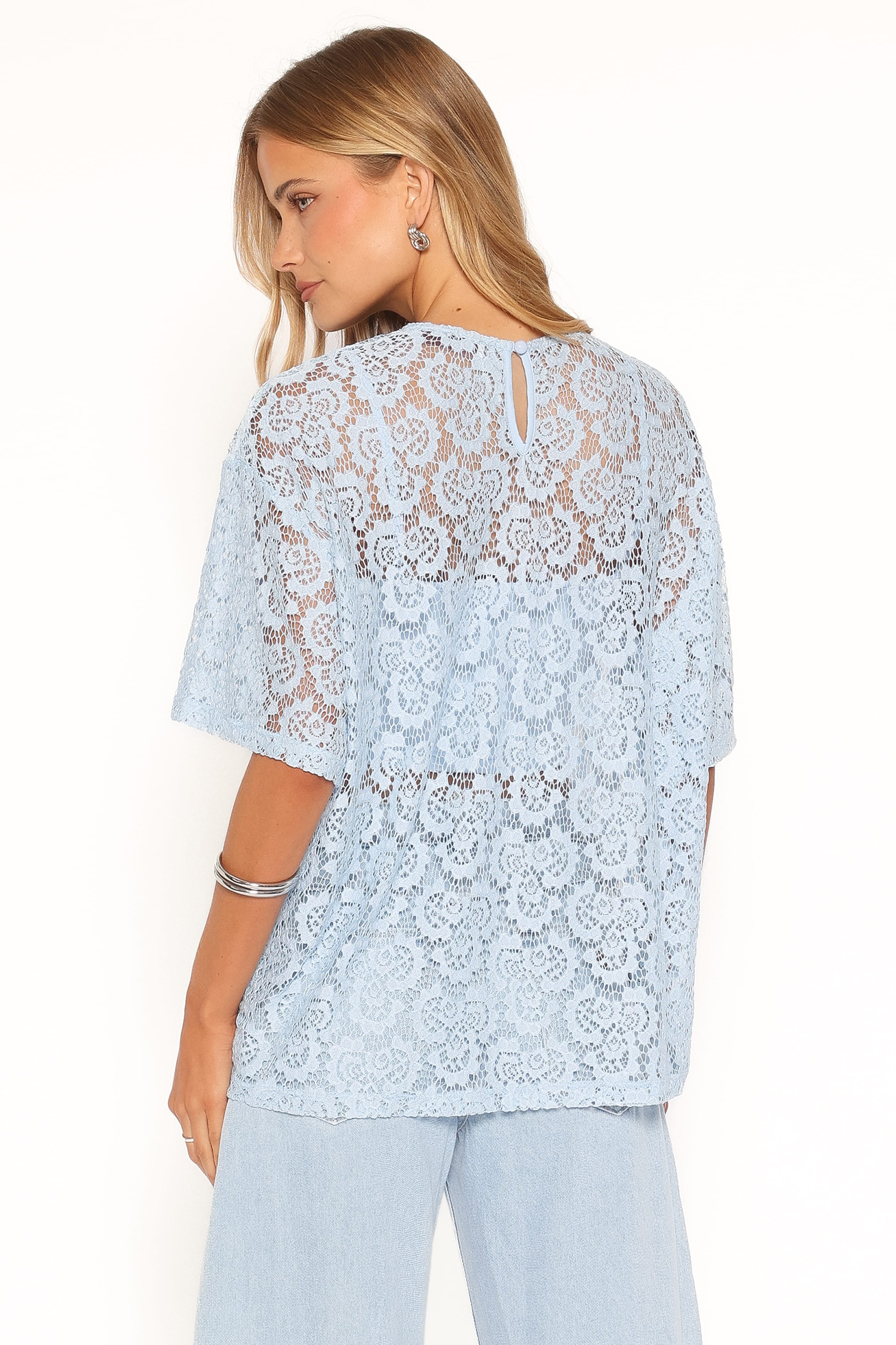 TOPS Tia Sheer Lace Tee Top - Light Blue