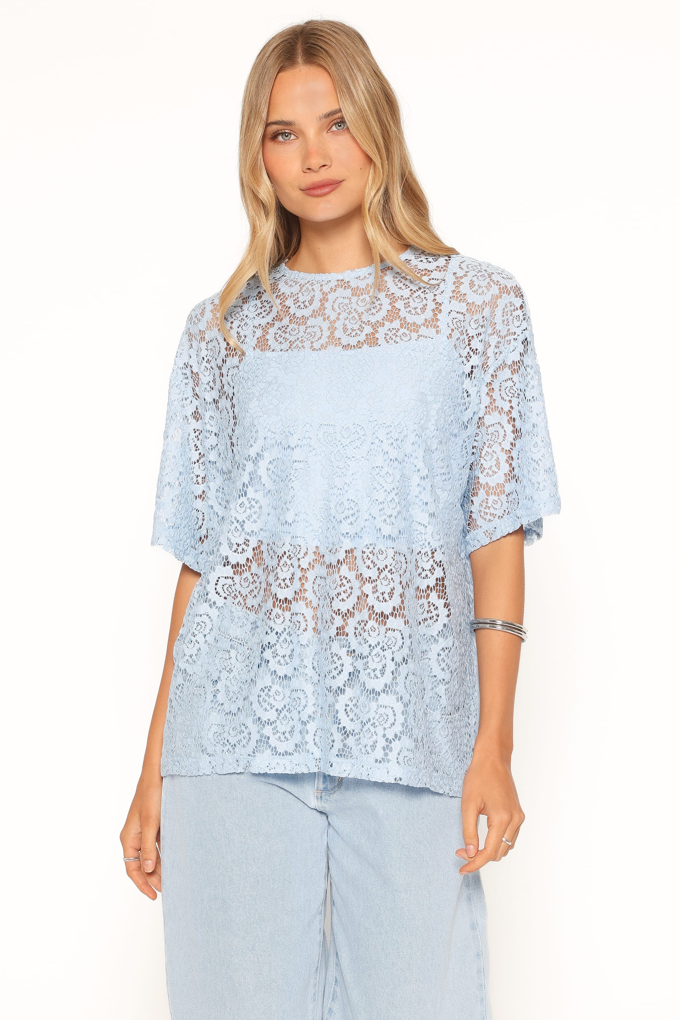 TOPS Tia Sheer Lace Tee Top - Light Blue