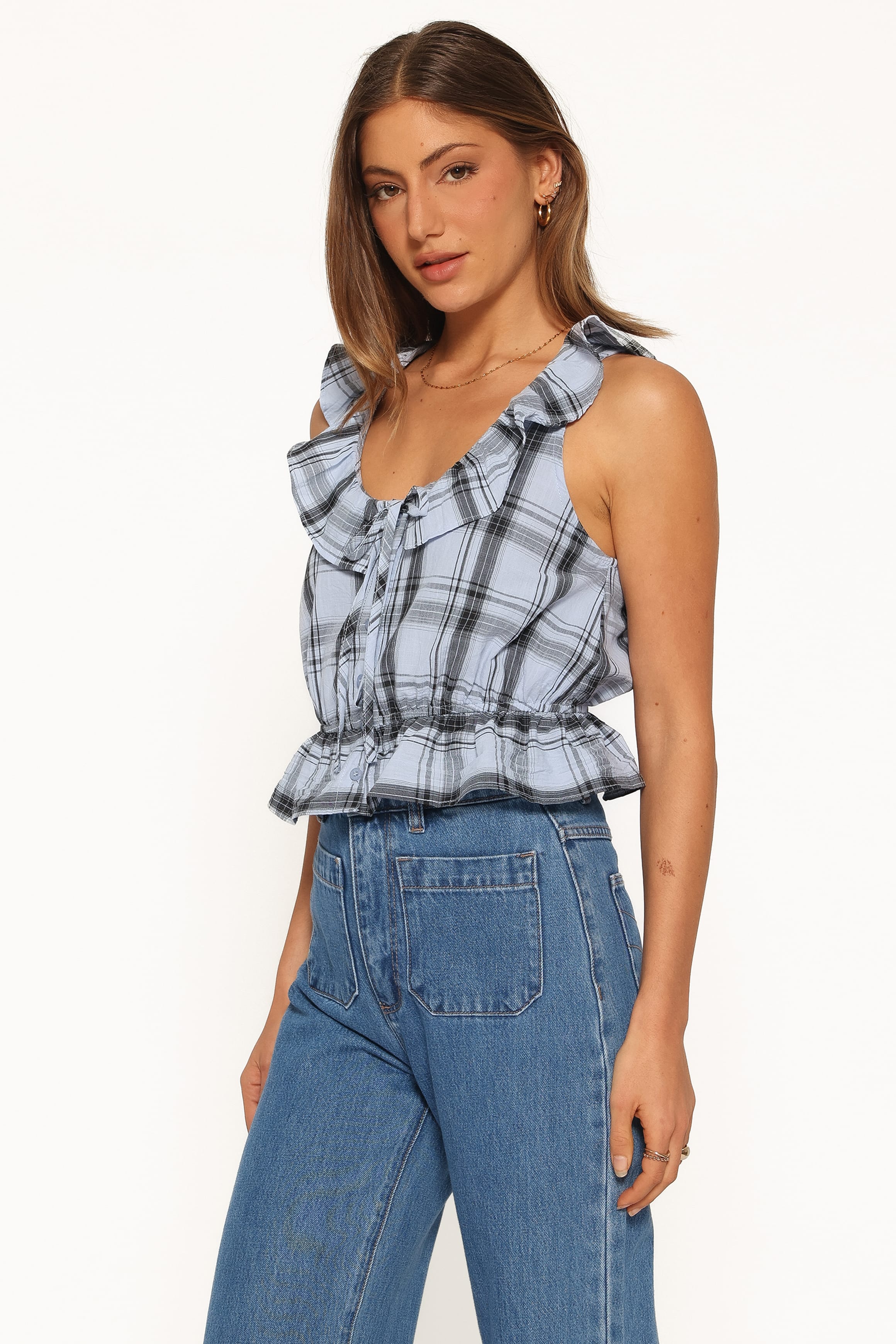 TOPS Traci Ruffle Peplum Top - Icy Blue Plaid