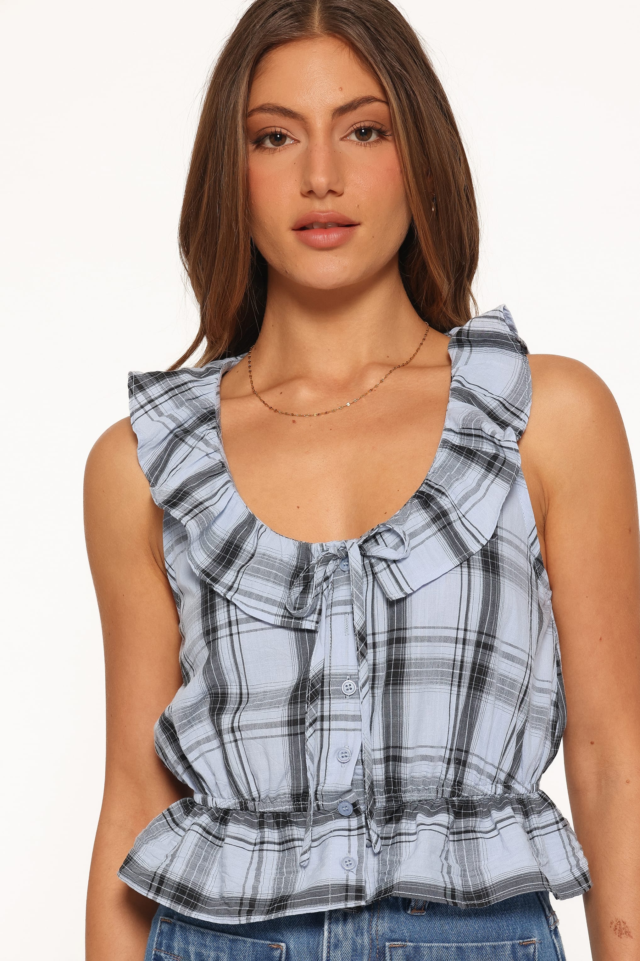 TOPS Traci Ruffle Peplum Top - Icy Blue Plaid