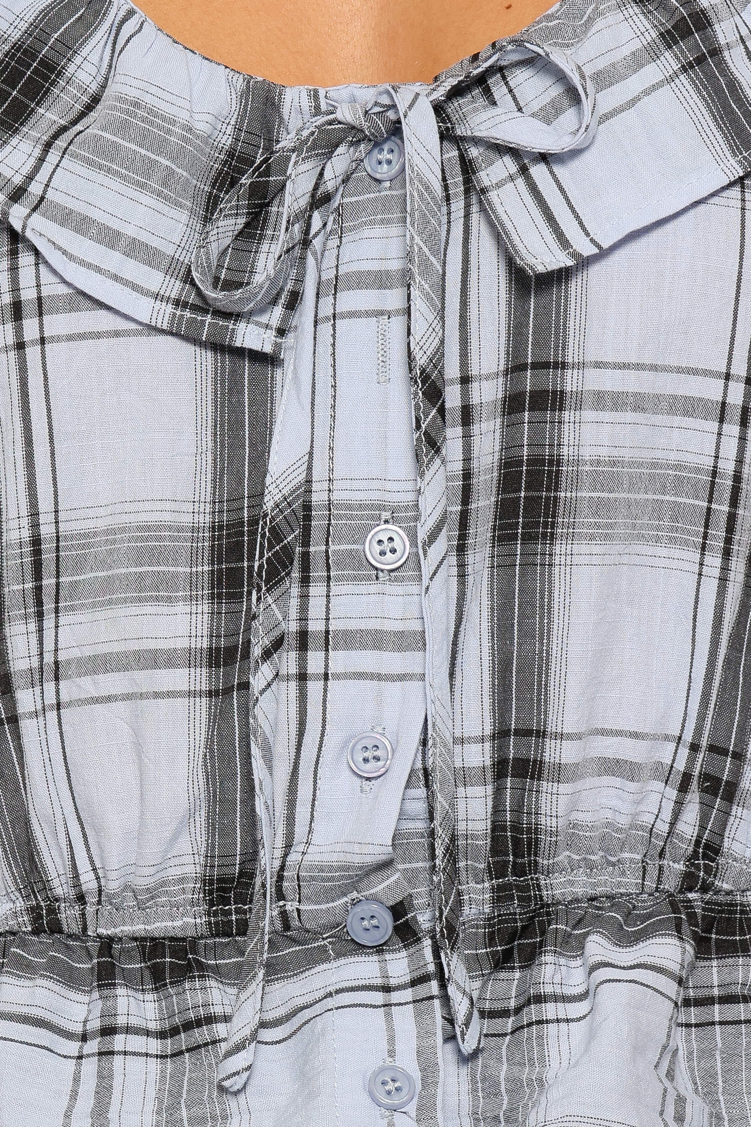 TOPS Traci Ruffle Peplum Top - Icy Blue Plaid