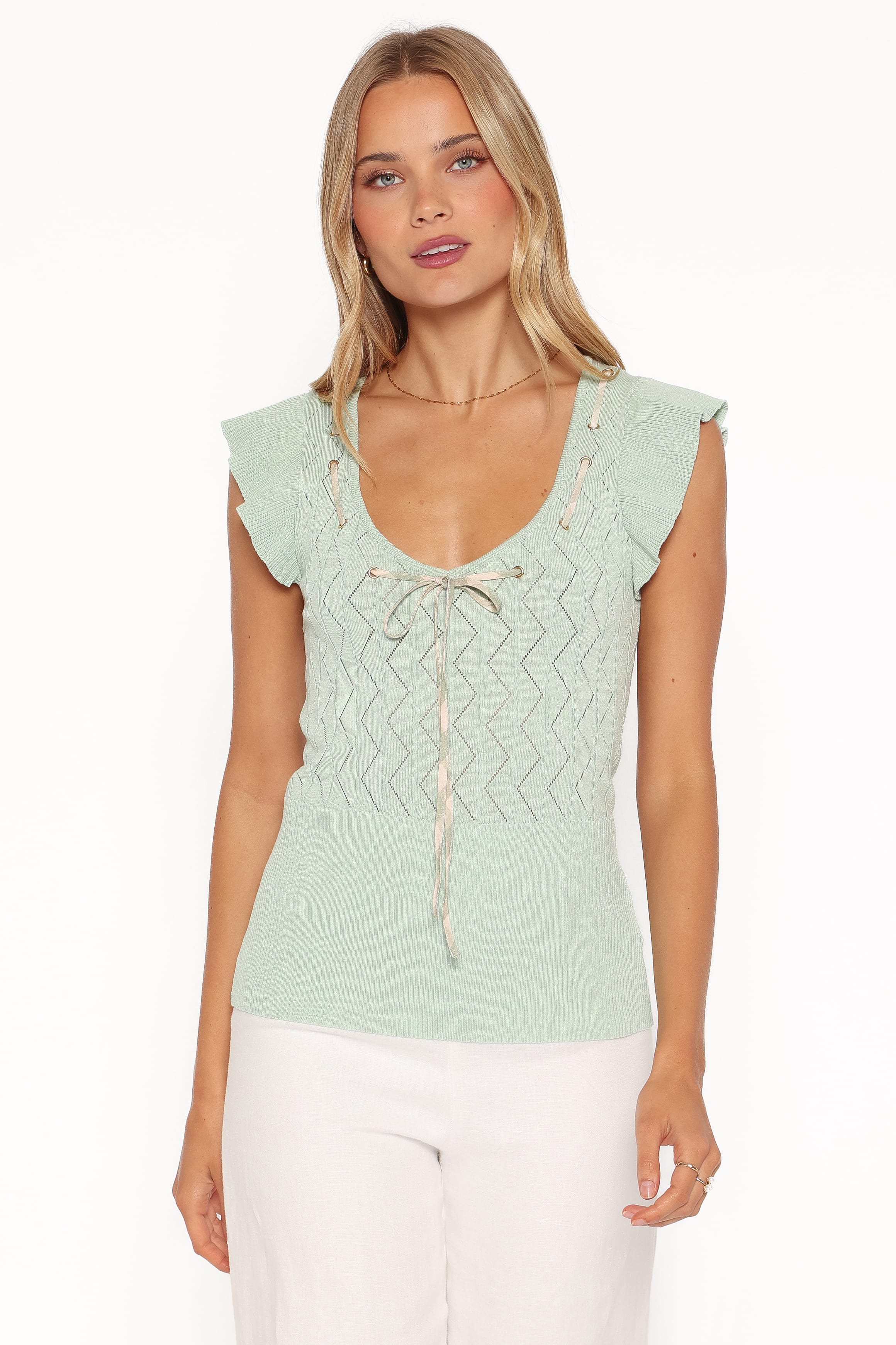 TOPS Tucker Pointelle Knit Top - Sage Green
