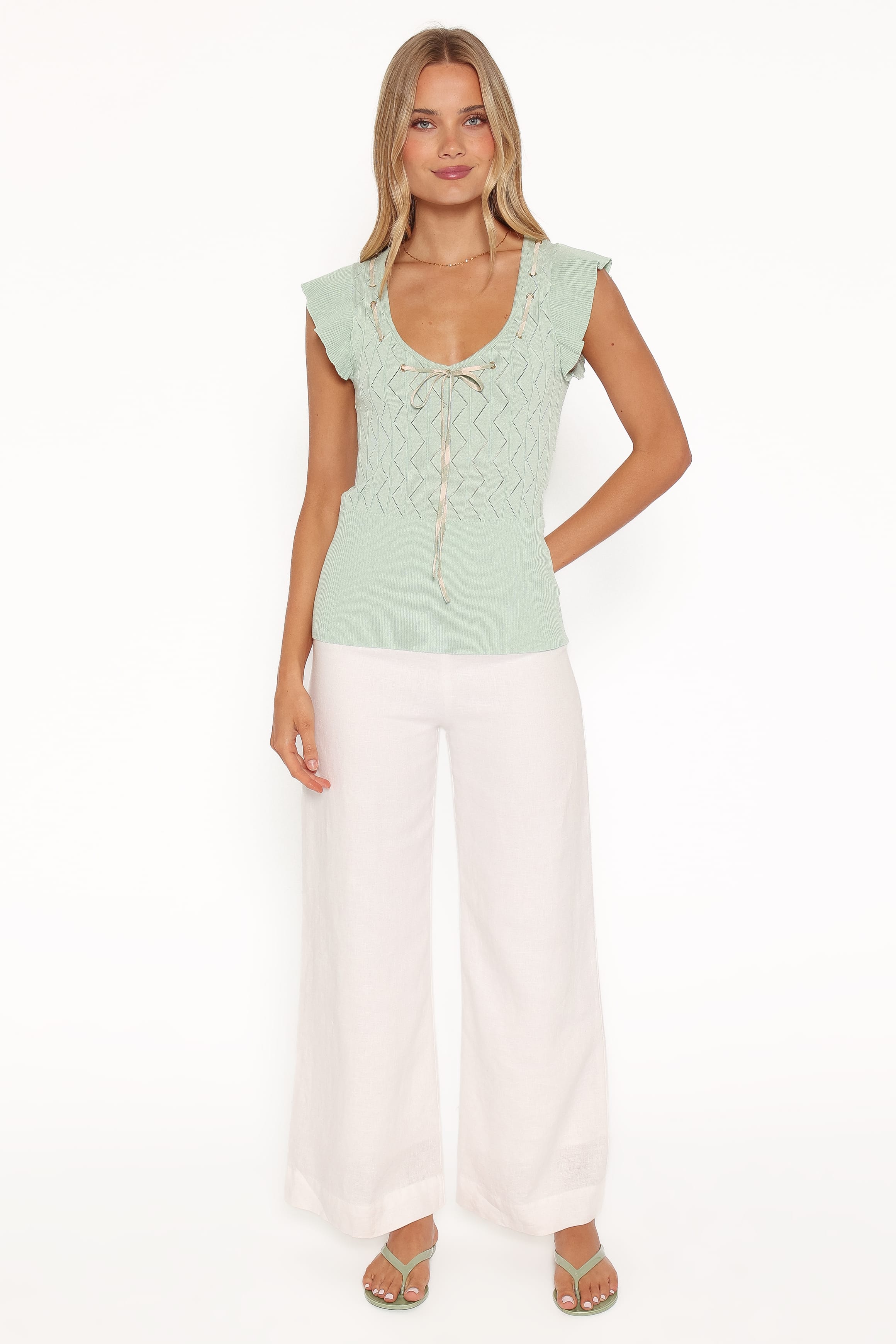 TOPS Tucker Pointelle Knit Top - Sage Green