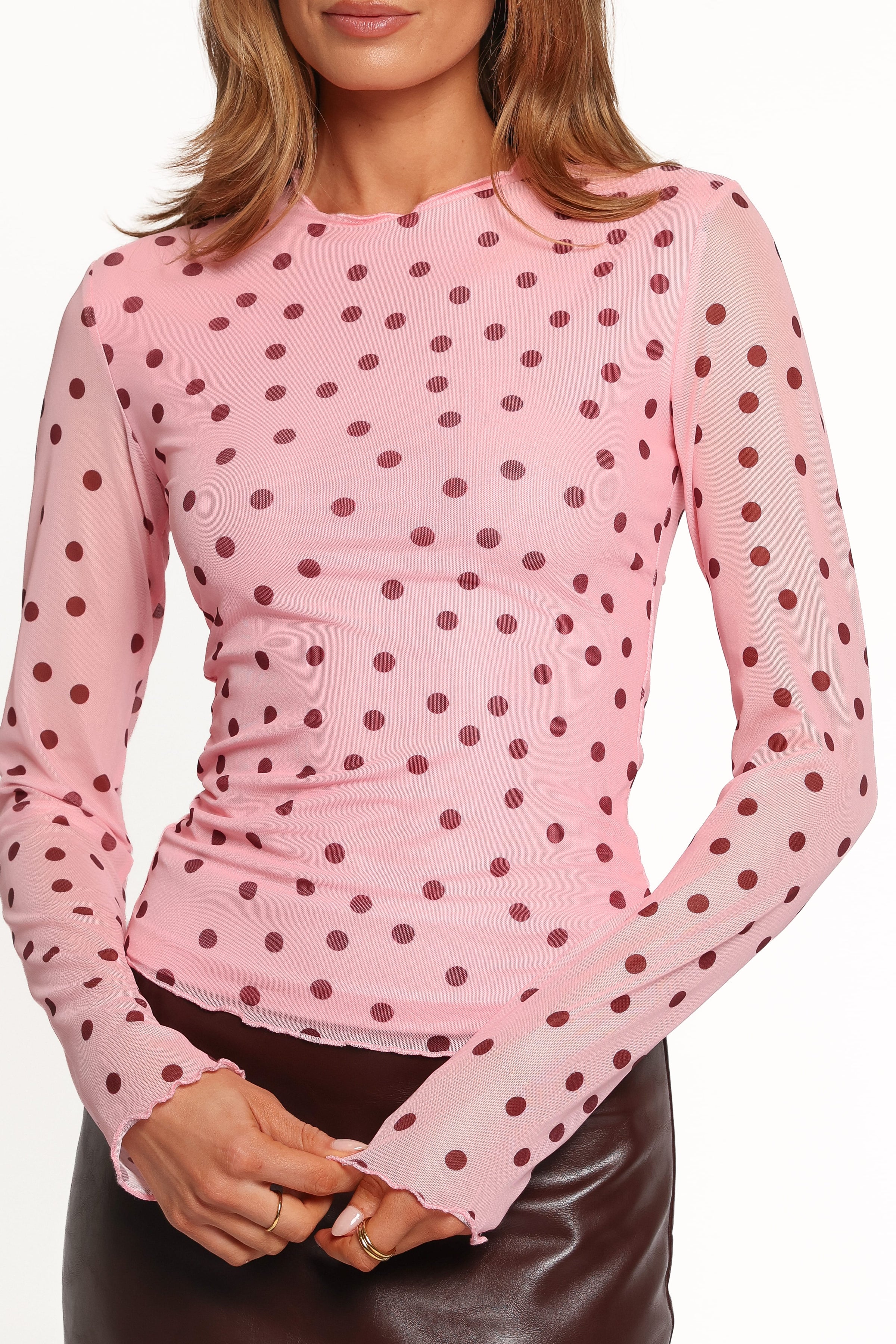 TOPS Tyla Mesh Long Sleeve Top - Pink Dot