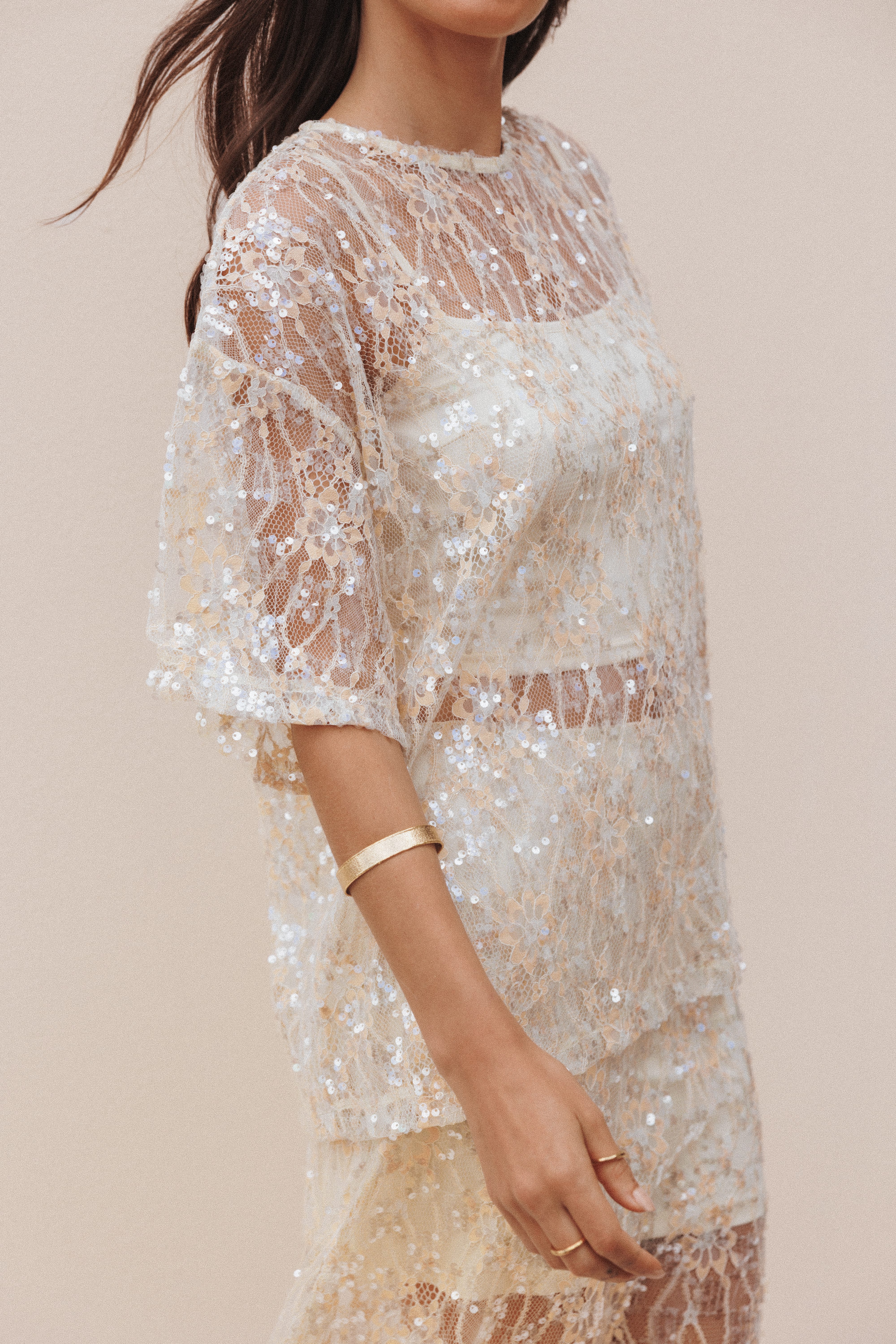 TOPS Yonder Sheer Lace Tee Top - Pale Yellow