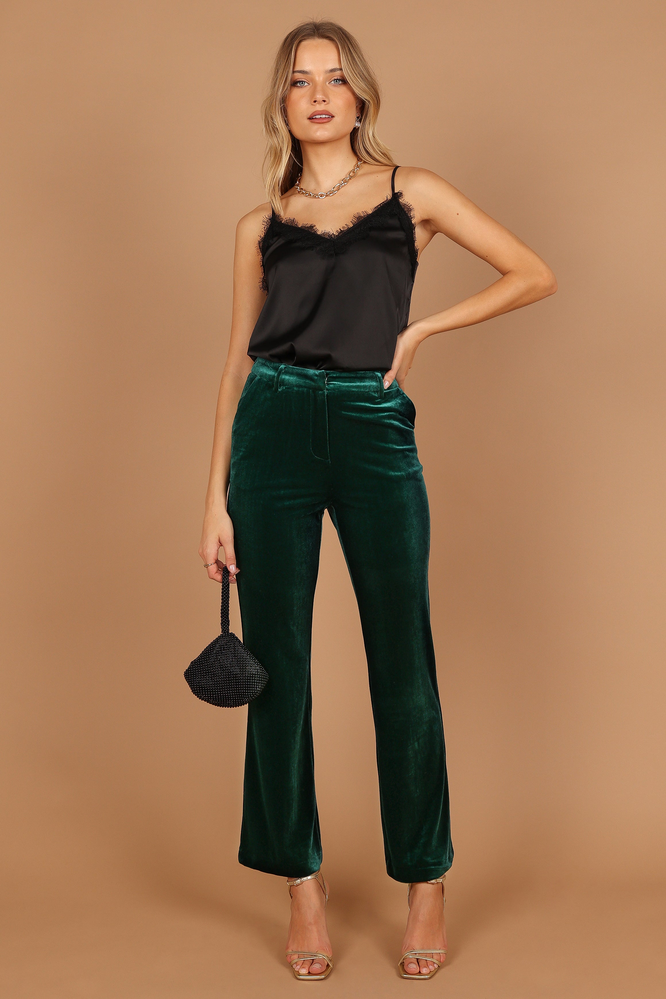 Petal and Pup USA BOTTOMS Darla Velvet Wide Leg Pants - Hunter Green