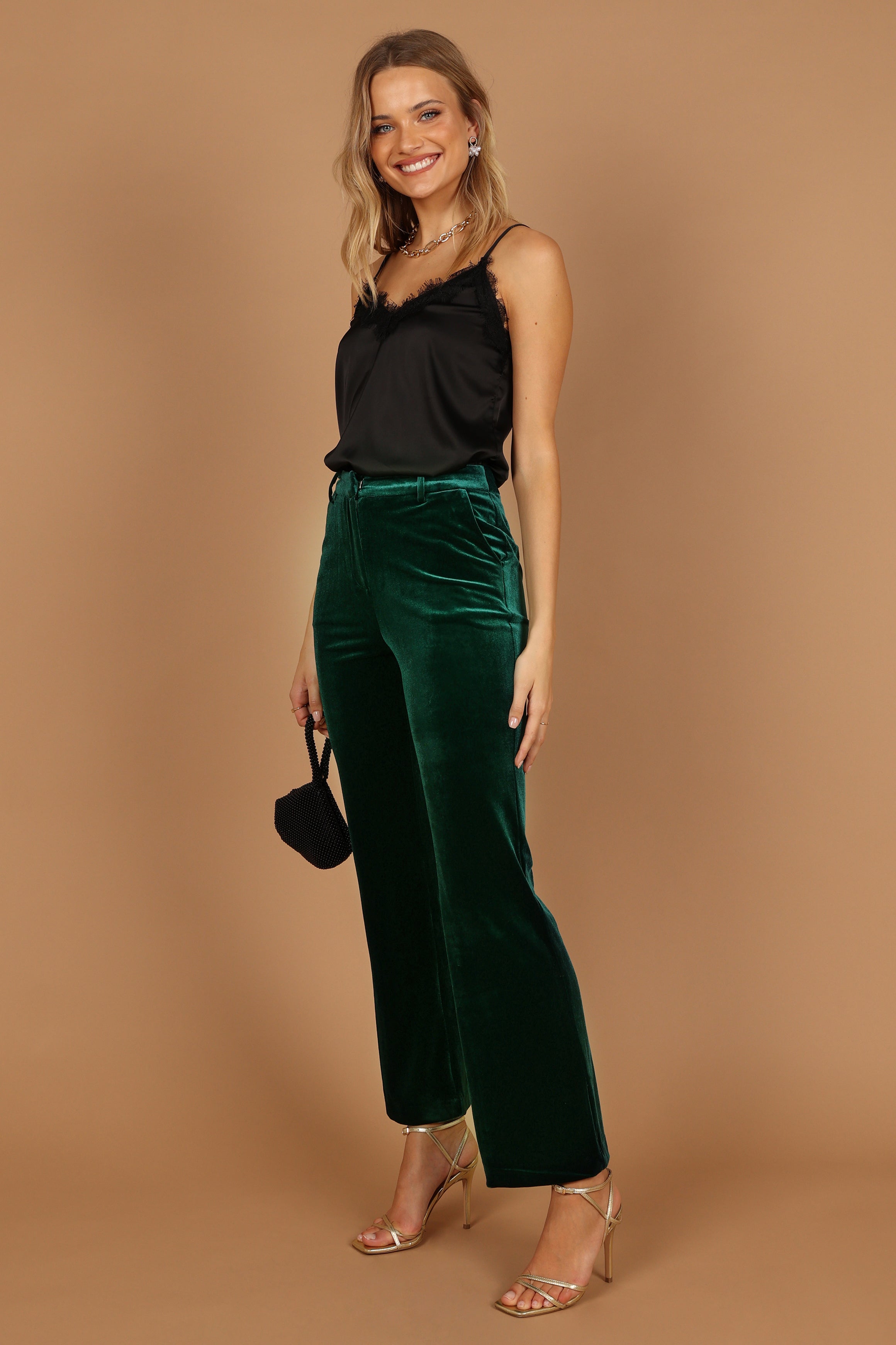 Petal and Pup USA BOTTOMS Darla Velvet Wide Leg Pants - Hunter Green