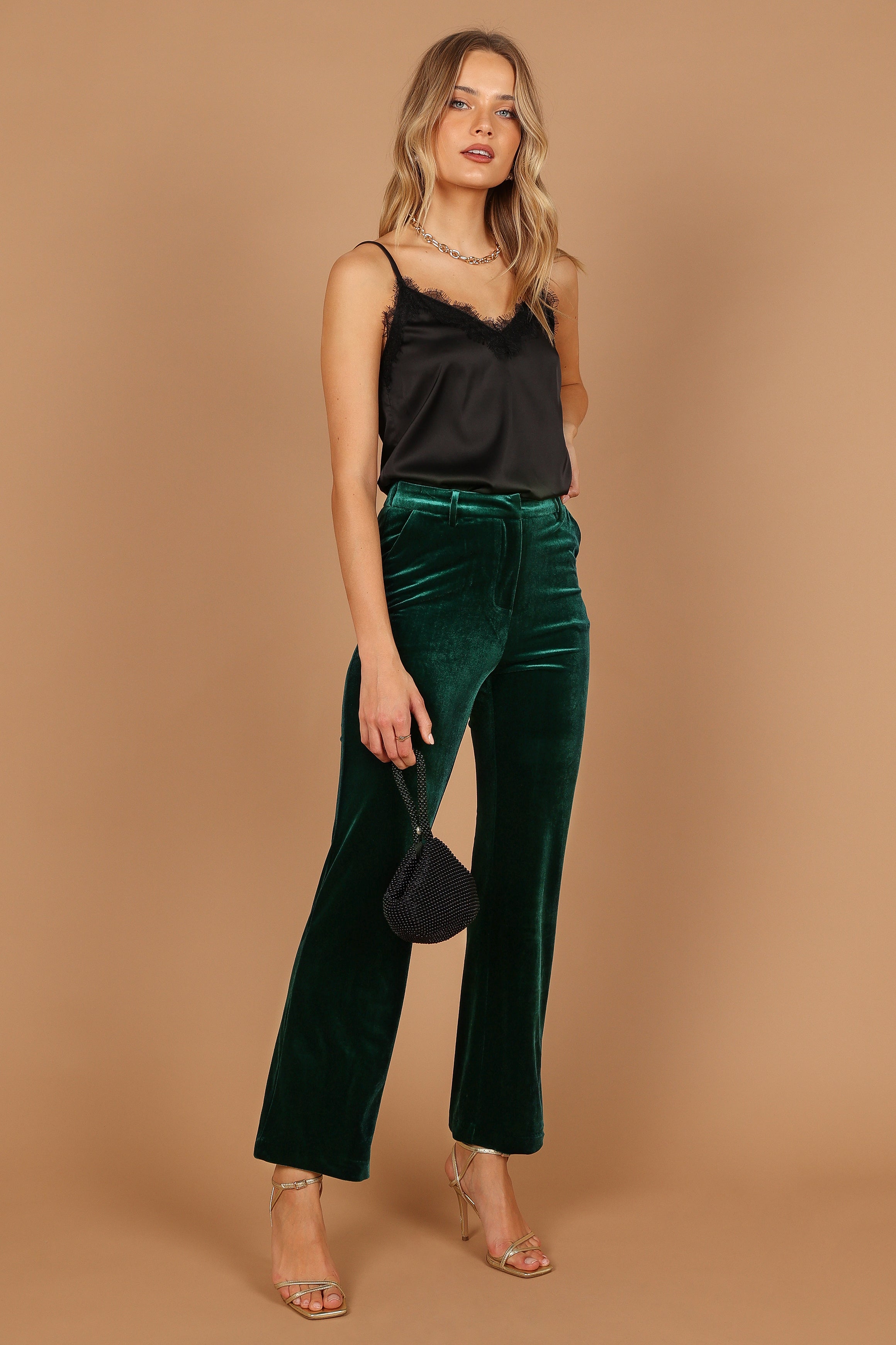 Petal and Pup USA BOTTOMS Darla Velvet Wide Leg Pants - Hunter Green