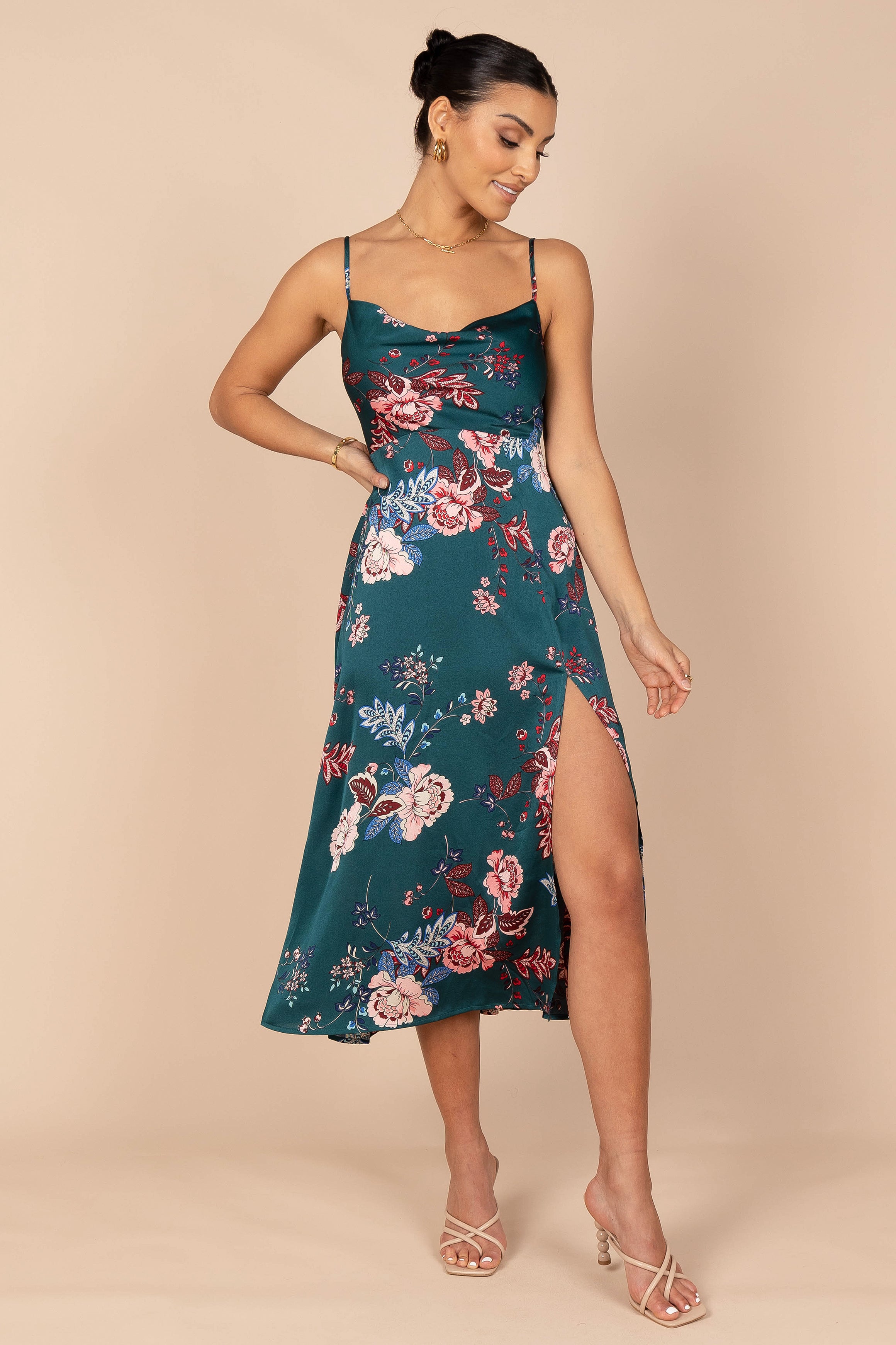 Petal and Pup USA DRESSES Alejandra Cowl Neck Midi Dress - Emerald
