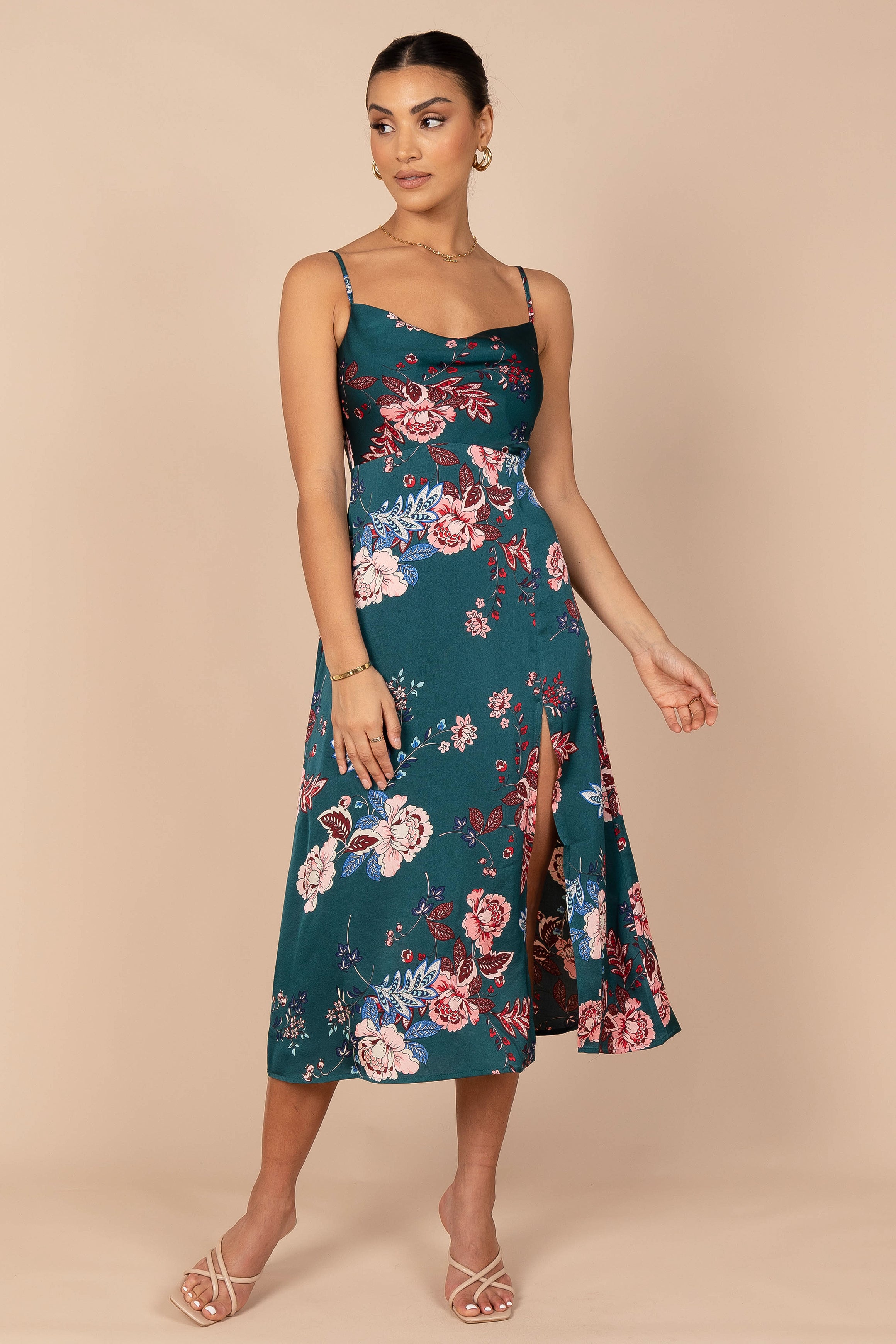 Petal and Pup USA DRESSES Alejandra Cowl Neck Midi Dress - Emerald