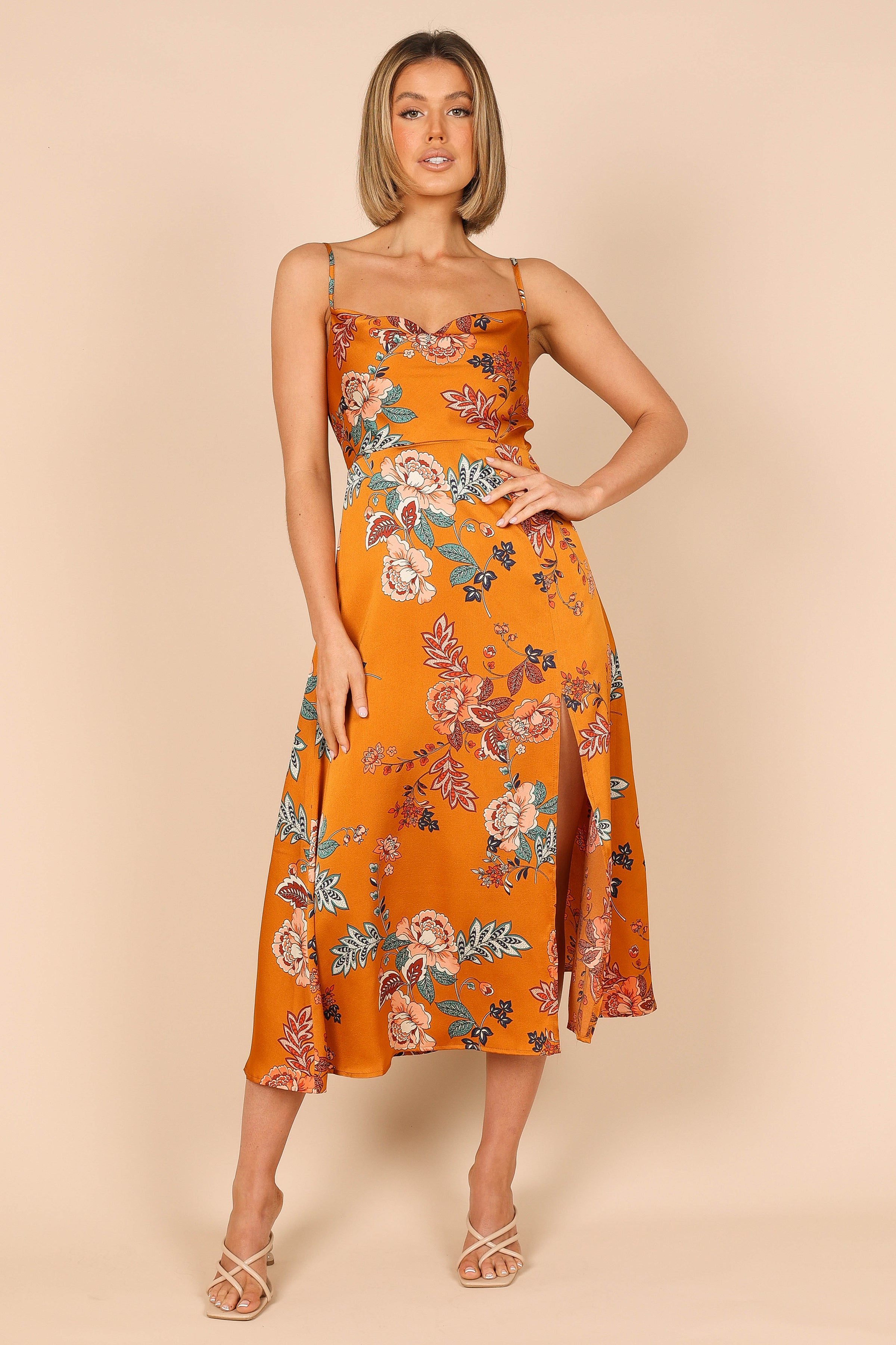 Petal and Pup USA DRESSES Alejandra Cowl Neck Midi Dress - Tan