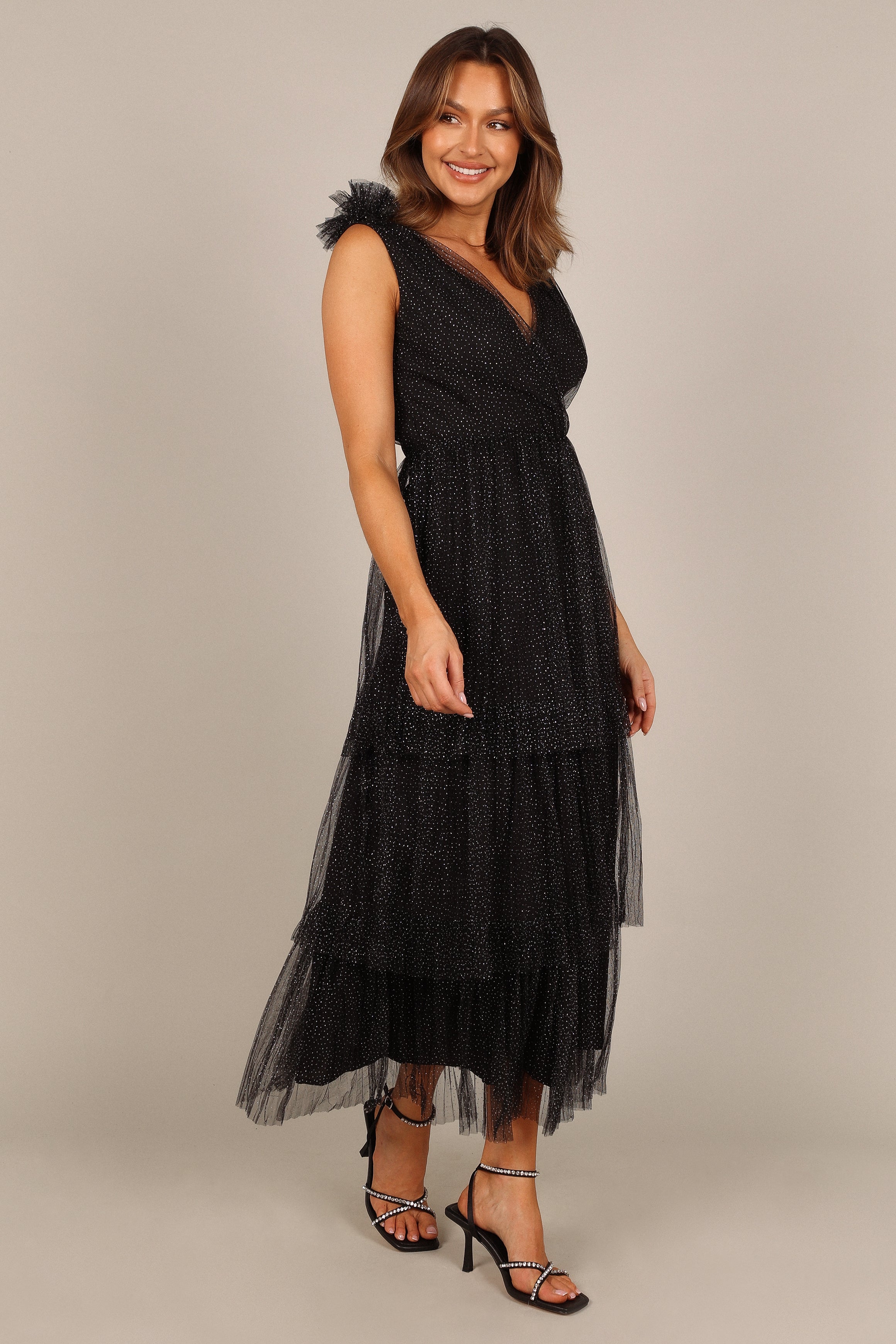Petal and Pup USA DRESSES Asteria Tulle tiered Maxi Dress - Black Sparkle
