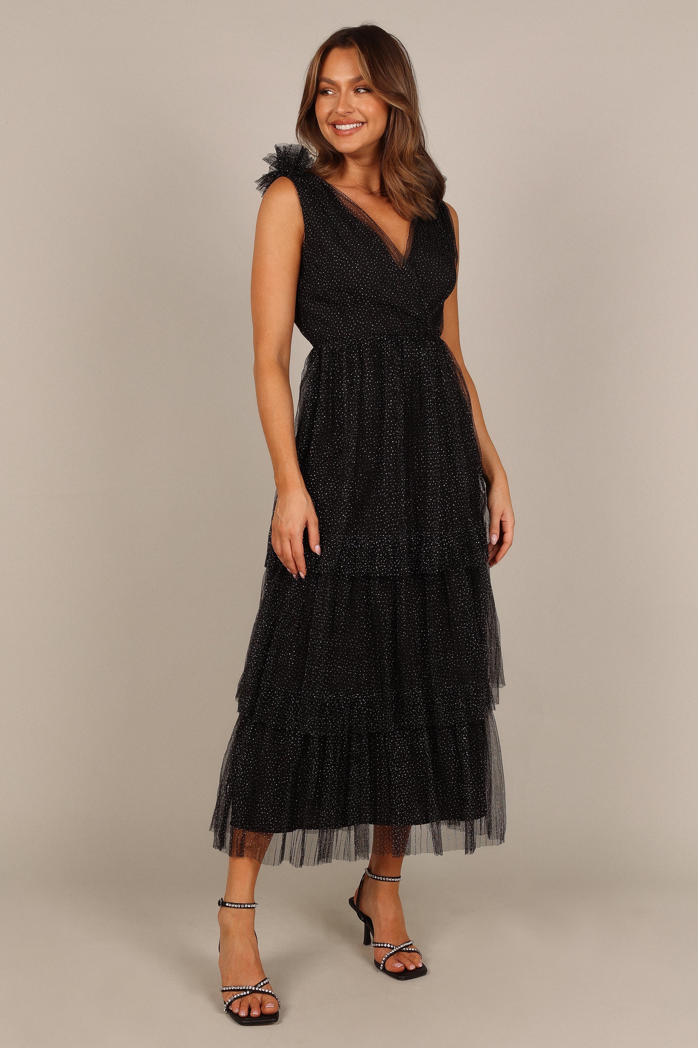 Petal and Pup USA DRESSES Asteria Tulle tiered Maxi Dress - Black Sparkle