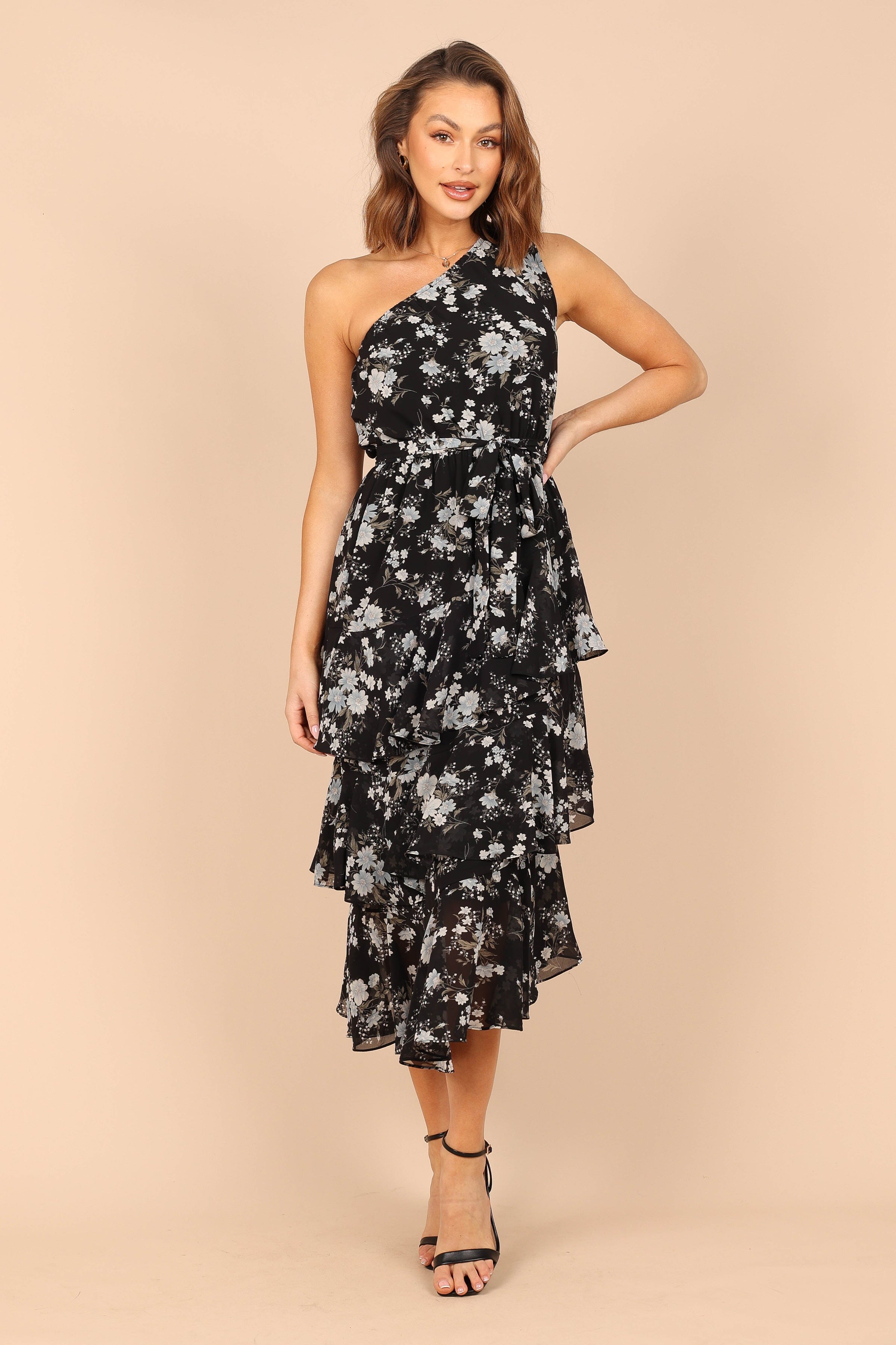 Petal and Pup USA DRESSES Brigette One Shoulder Tiered Maxi Dress - Black Floral