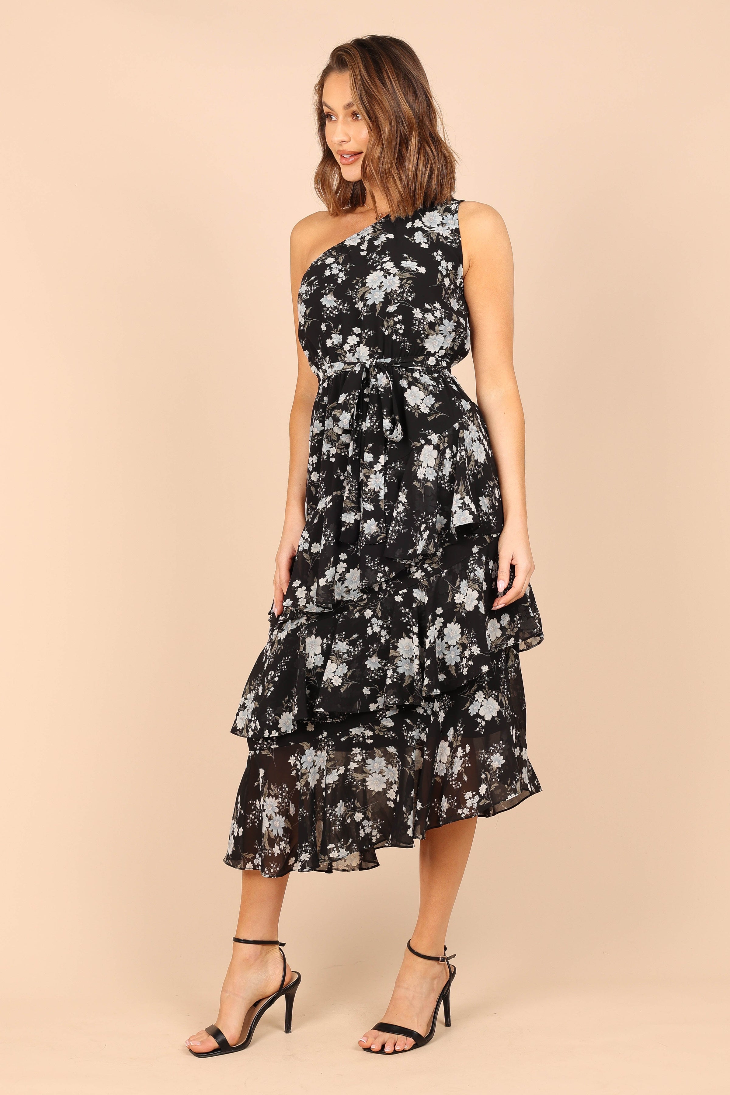 Petal and Pup USA DRESSES Brigette One Shoulder Tiered Maxi Dress - Black Floral