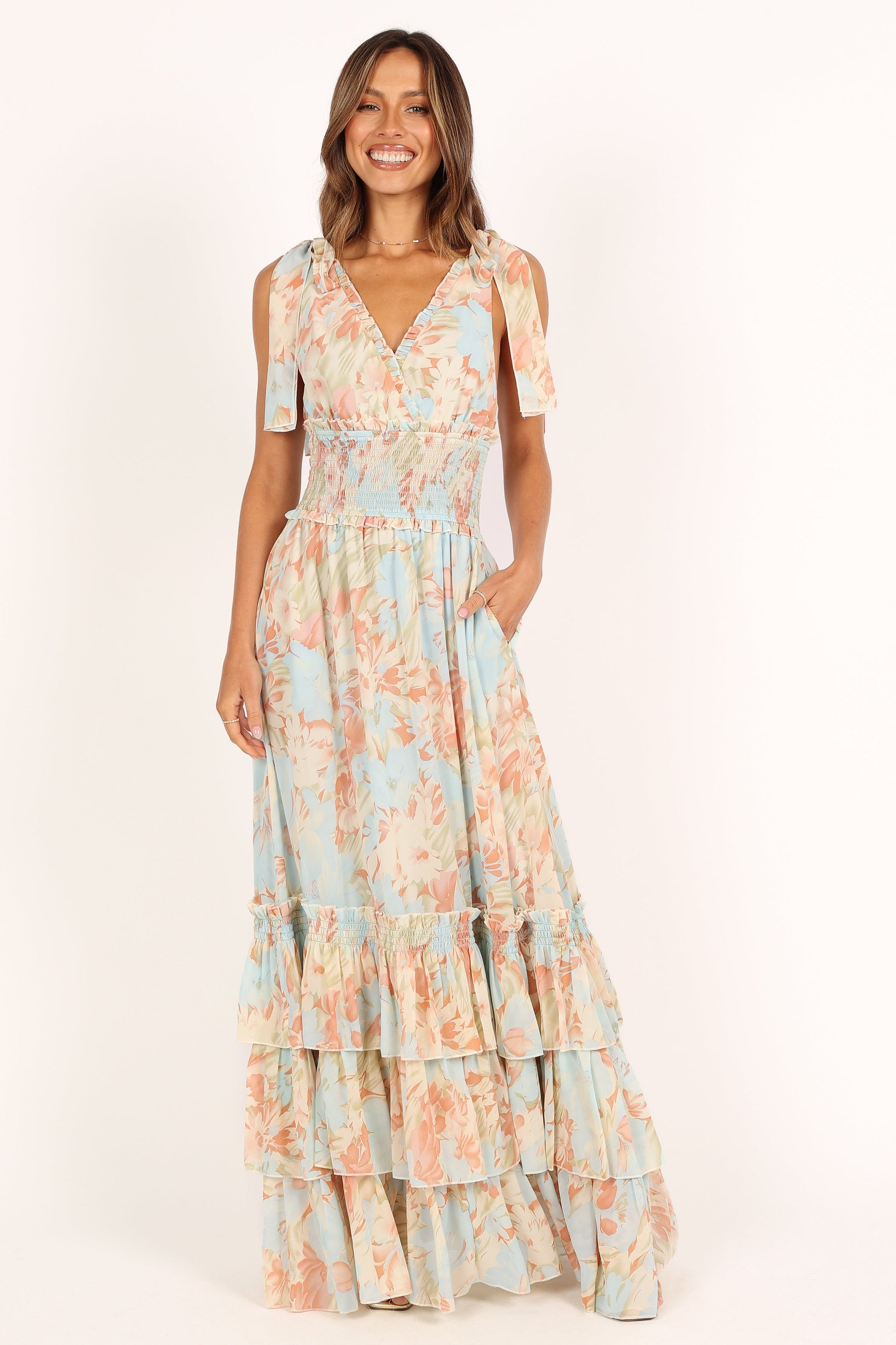 knee length dresses for ladies Light Blue & White Floral Maxi Dress - All Dresses main image 1