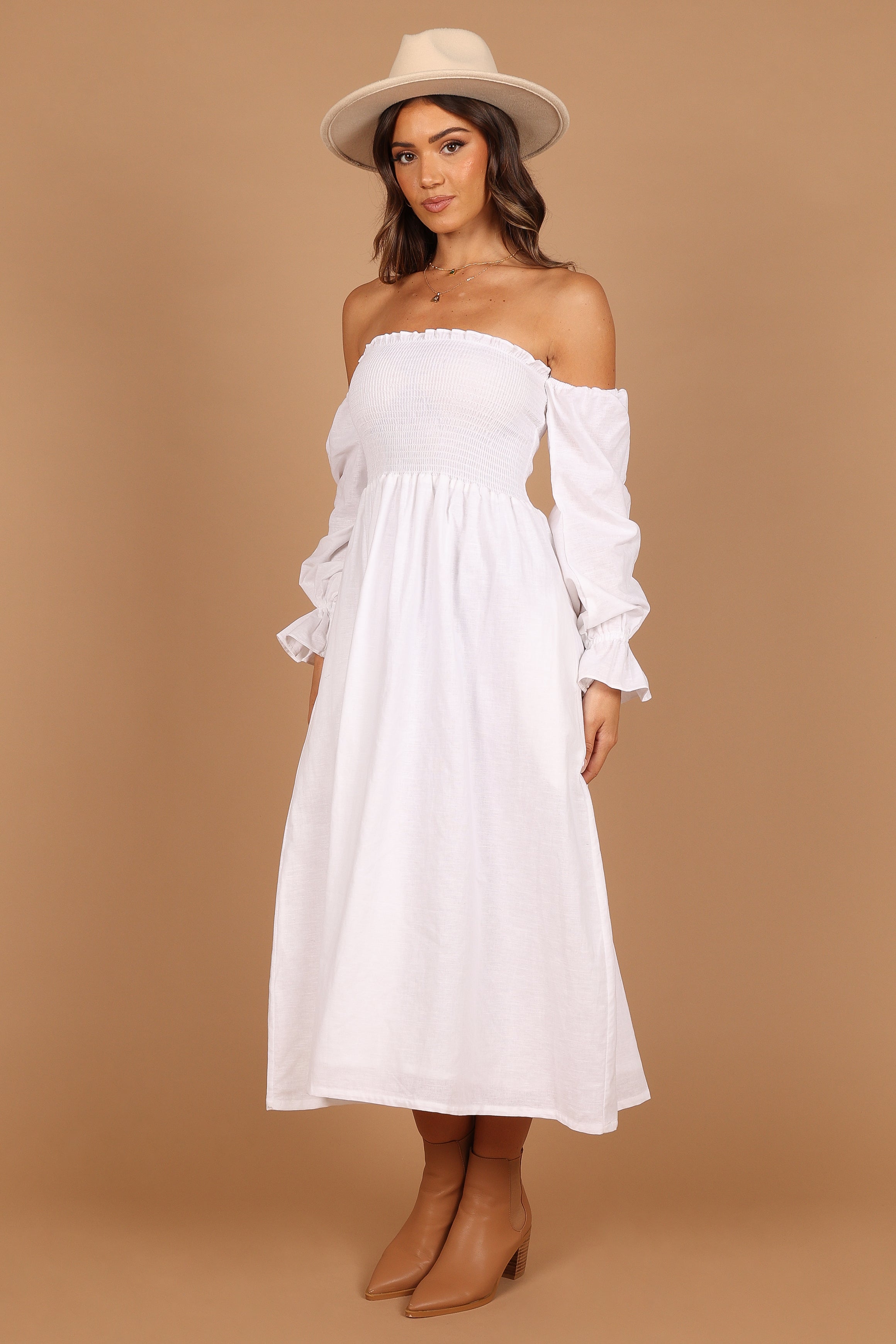 Petal and Pup USA DRESSES Domenica Shirred Long Sleeve Midi Dress - White