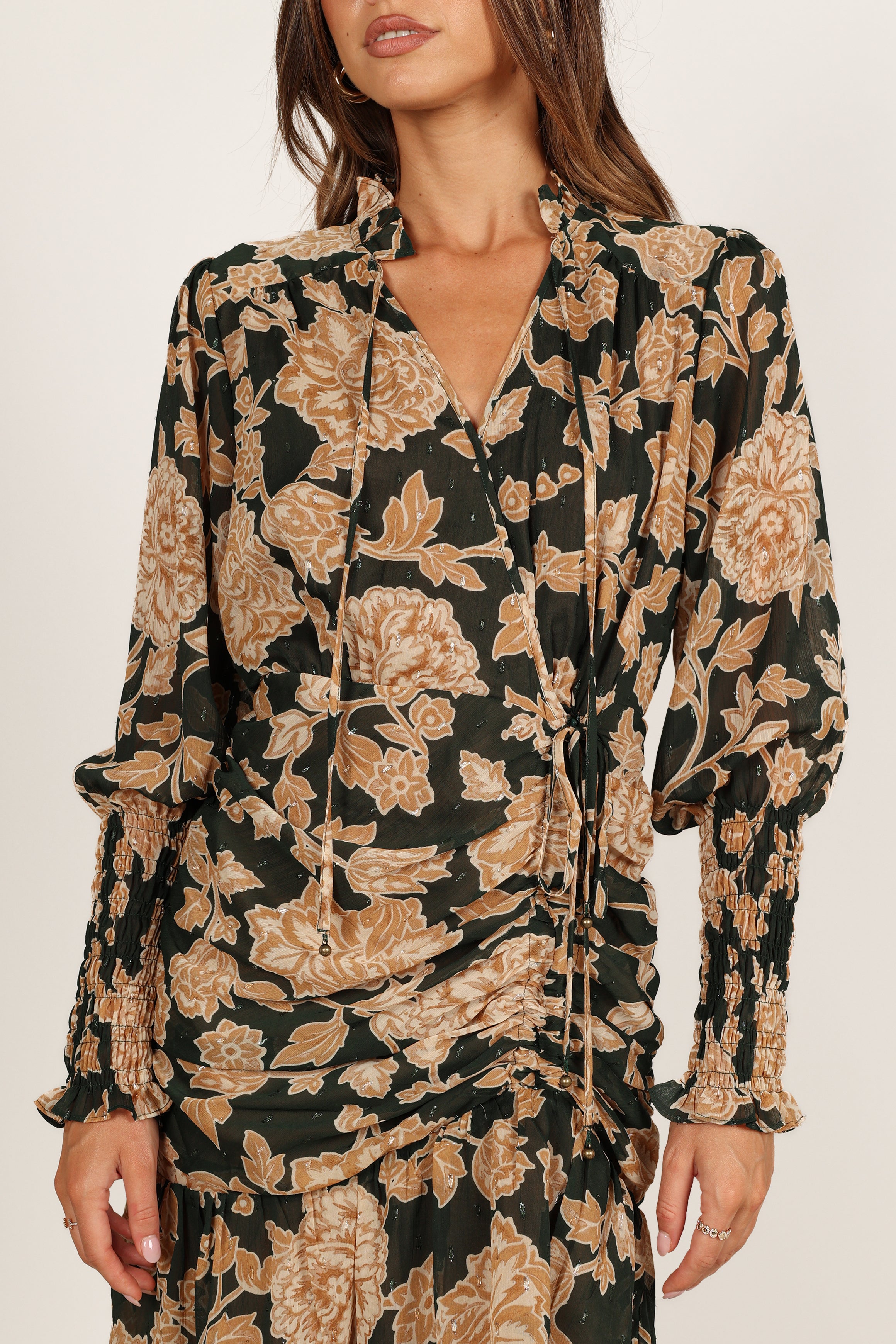 Petal and Pup USA DRESSES Micha Ruched High Neck Mini Dress - Pine/Gold