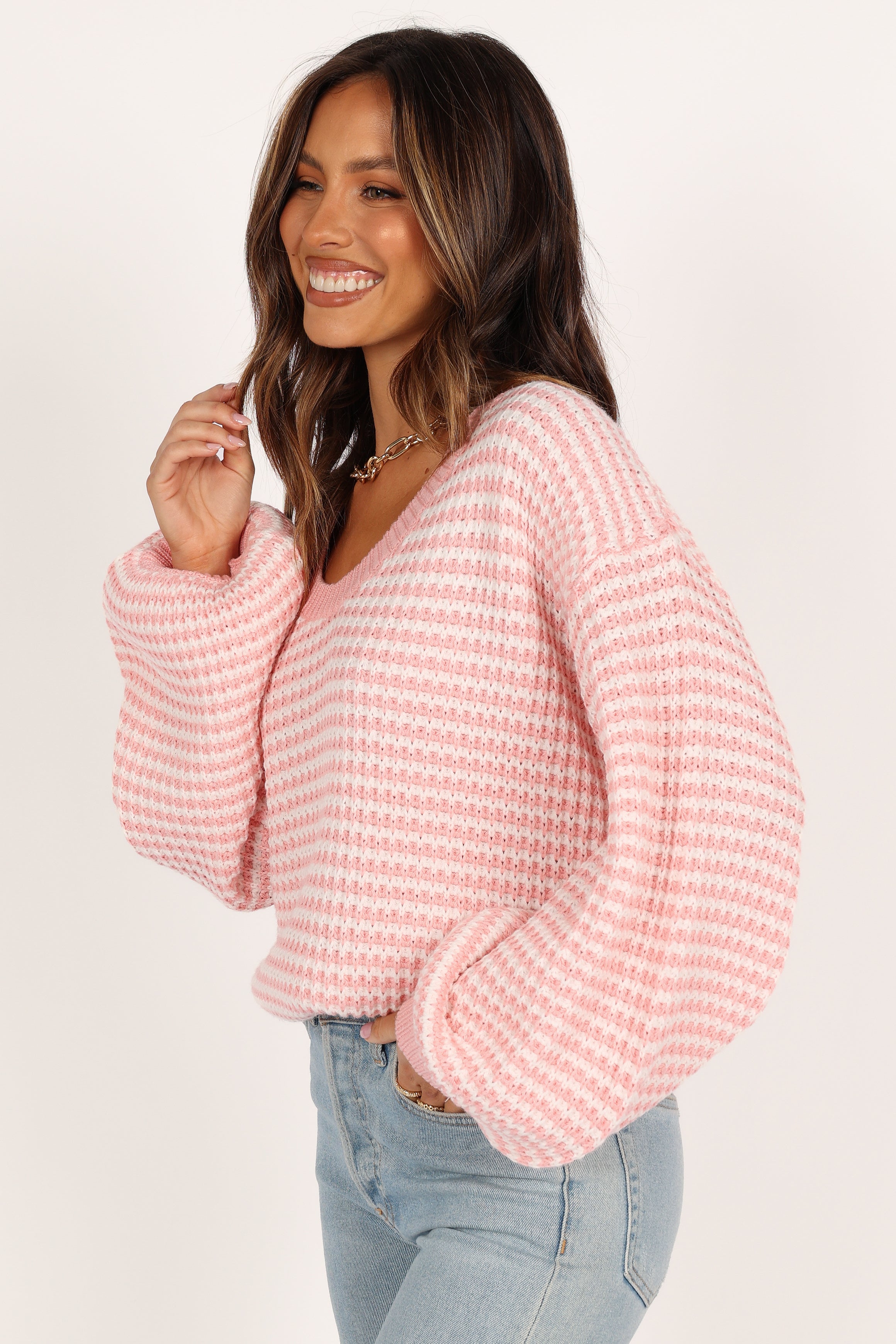 Petal and Pup USA KNITWEAR Becca Crewneck Waffle Stitch Stripe Knit Sweater - Pink
