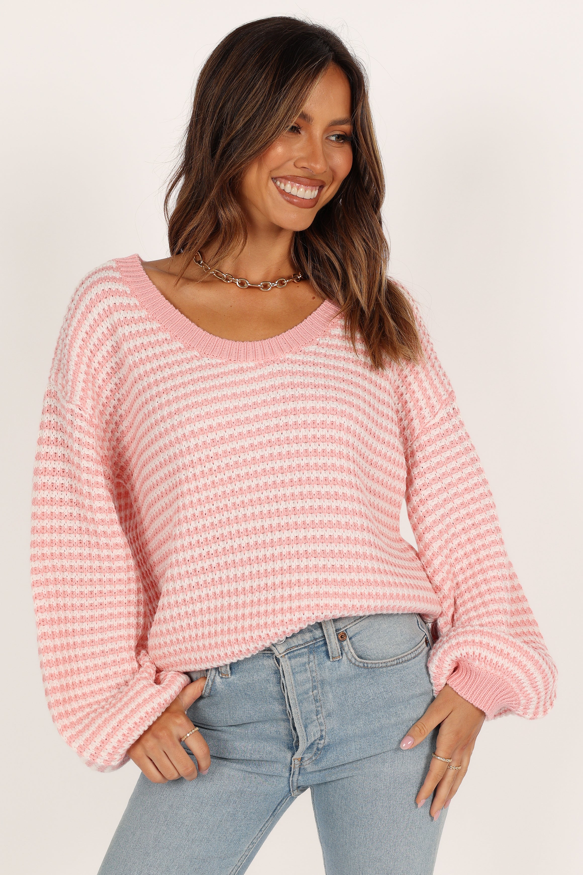Petal and Pup USA KNITWEAR Becca Crewneck Waffle Stitch Stripe Knit Sweater - Pink