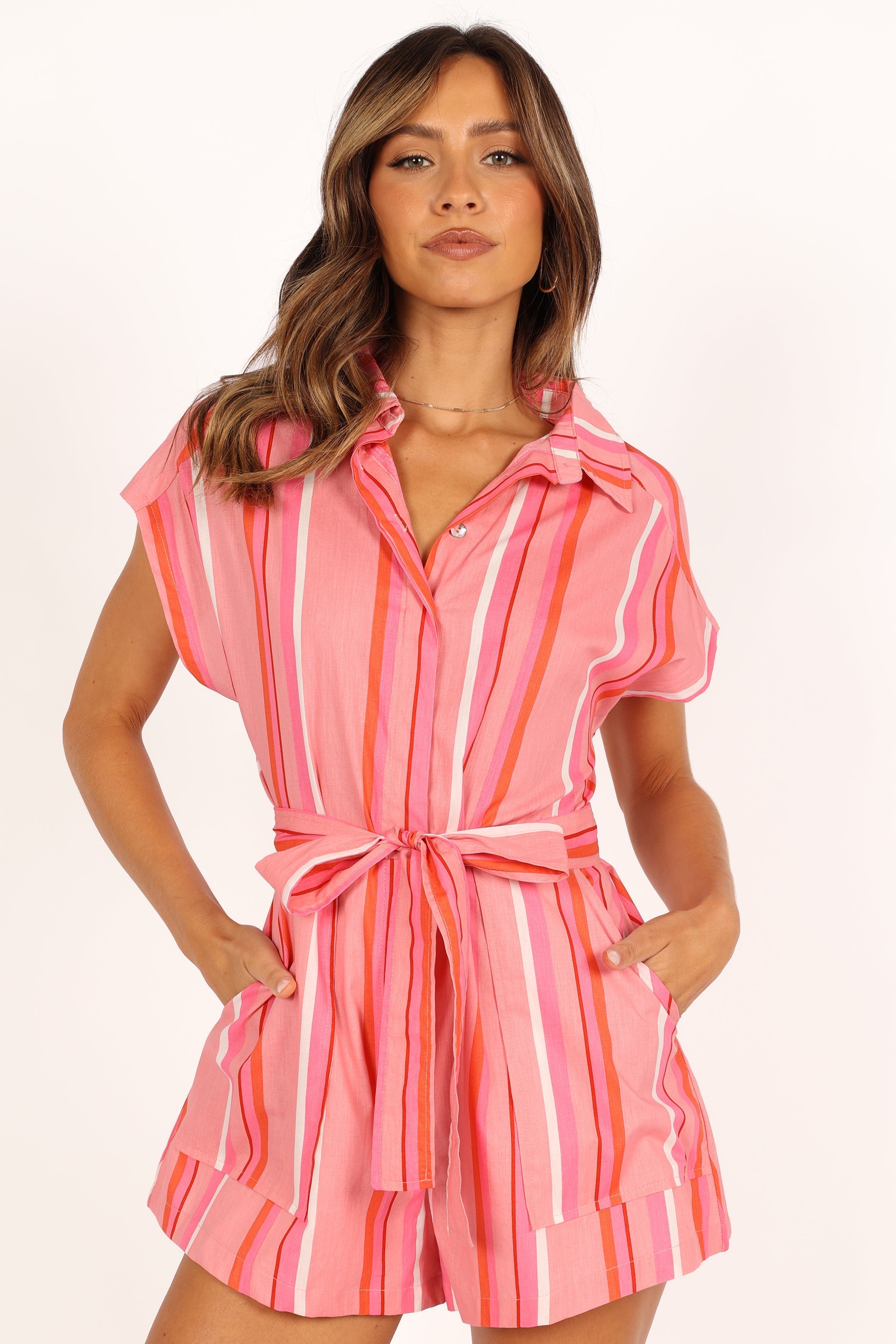 Petal and Pup USA Rompers Addie Tie Waist Romper - Pink Stripe