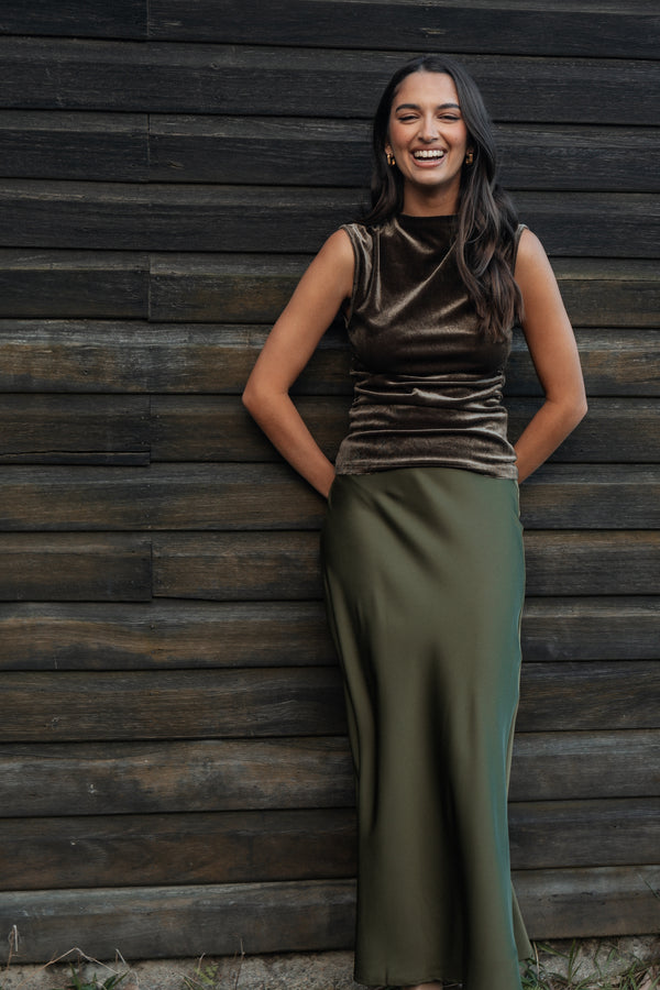 Nellie Satin Midi Skirt - Olive