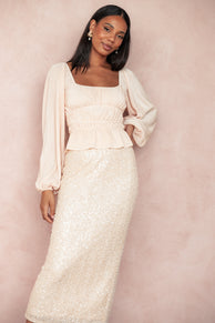 Briellia Sequin Midi Skirt - Champagne