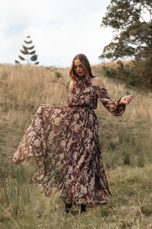 Hilary Pleated Maxi Dress - Brown Floral