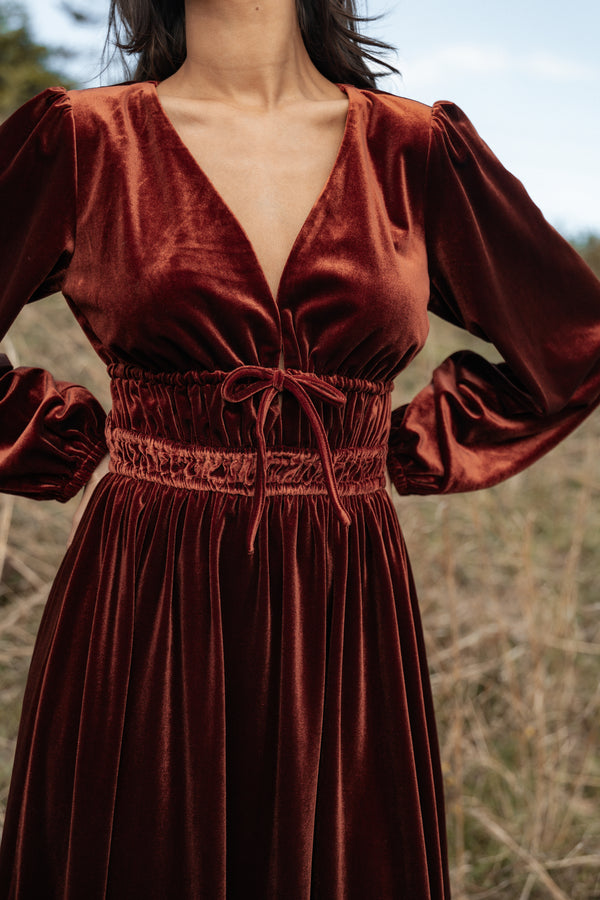 Cece Velvet Long Sleeve Maxi Dress - Rust