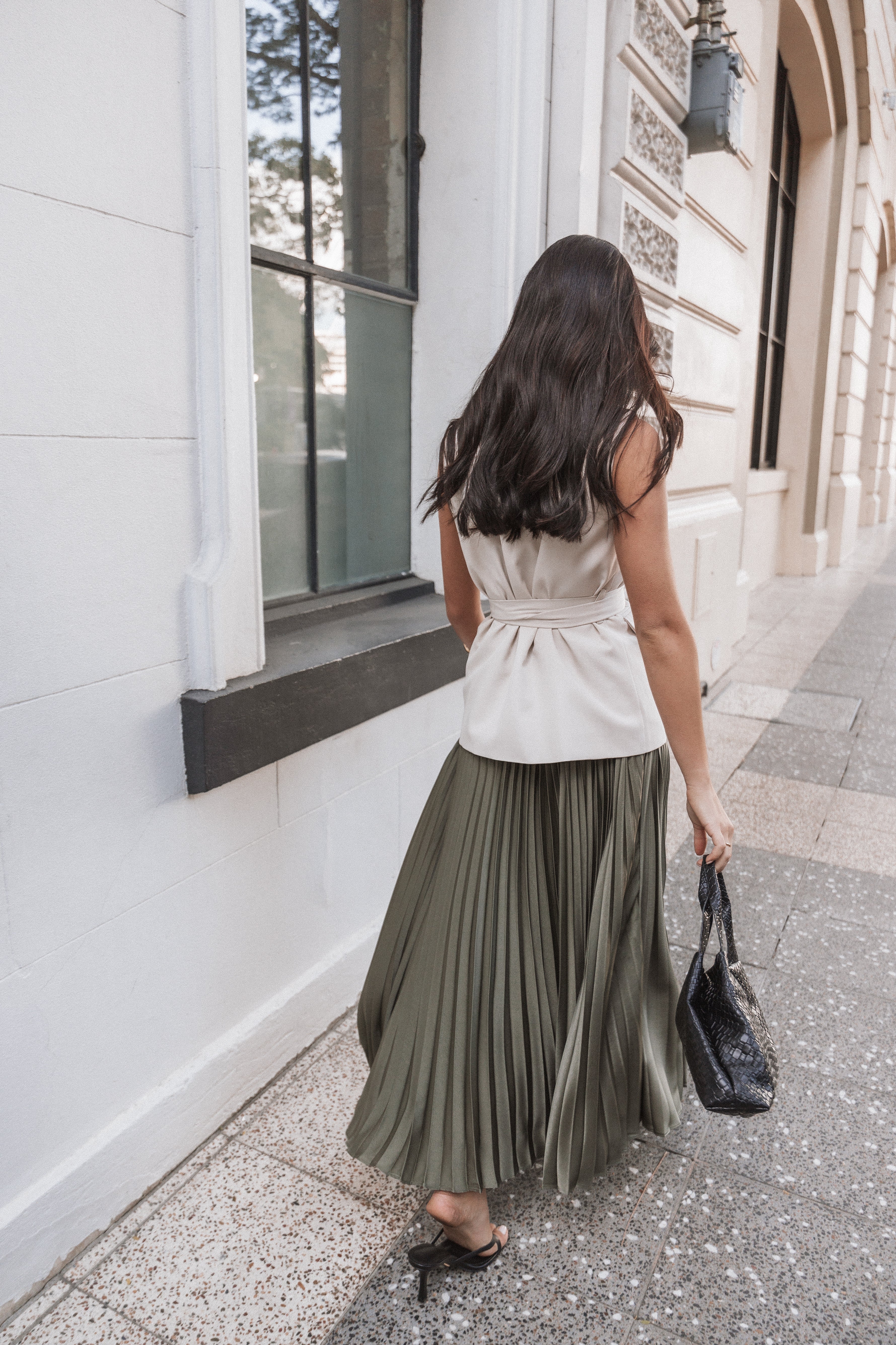 Khaki green pleated maxi skirt best sale