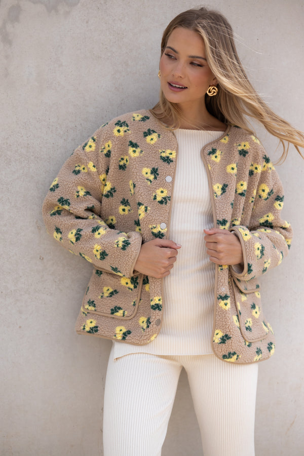 Roux Flower Print Shearling Jacket - Taupe